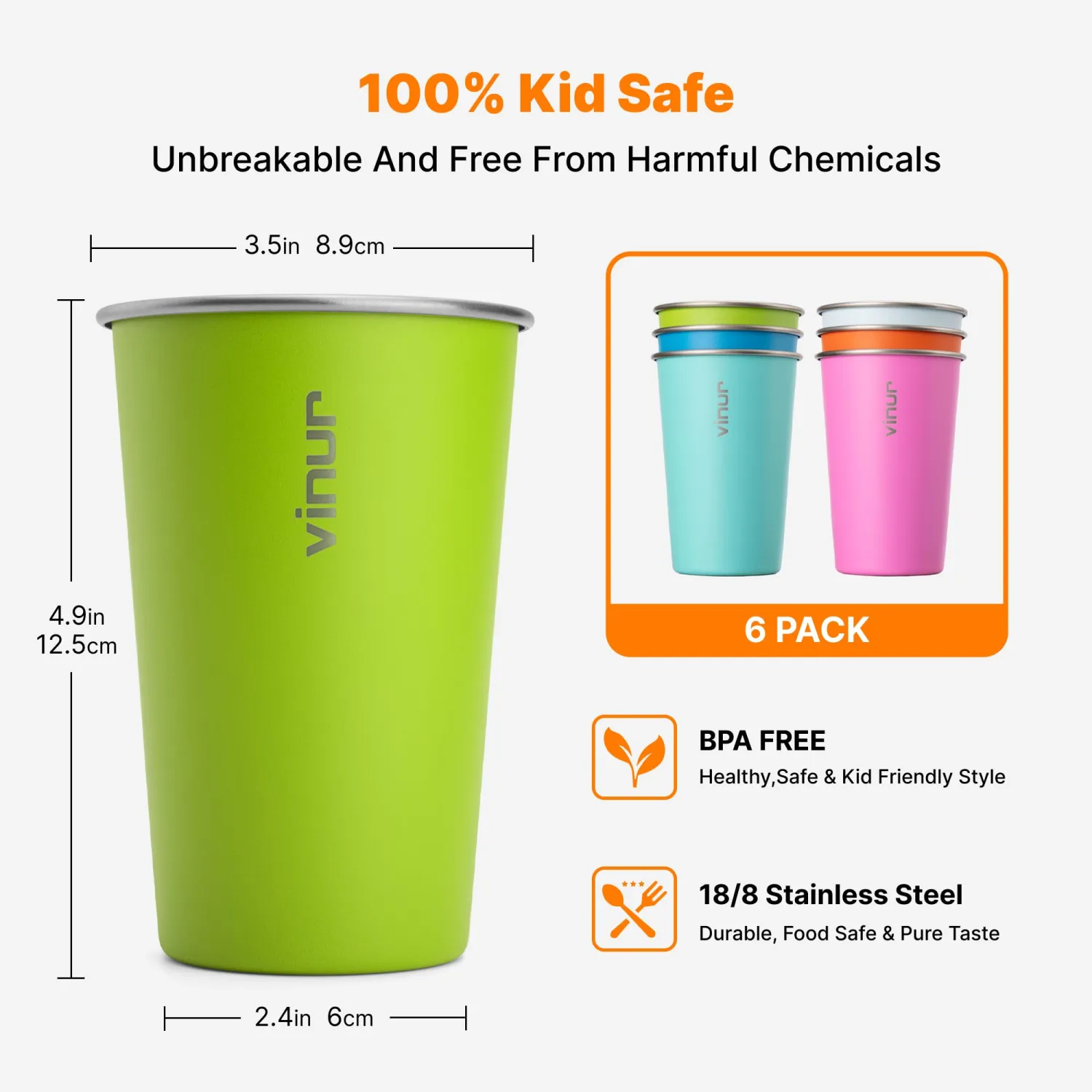 VINUR Stainless Steel Cups-6 Pack 16 oz Pint Cup Tumbler Stackable Colorful Metal Drinking Glasses for Camping, Restaurant, Bar