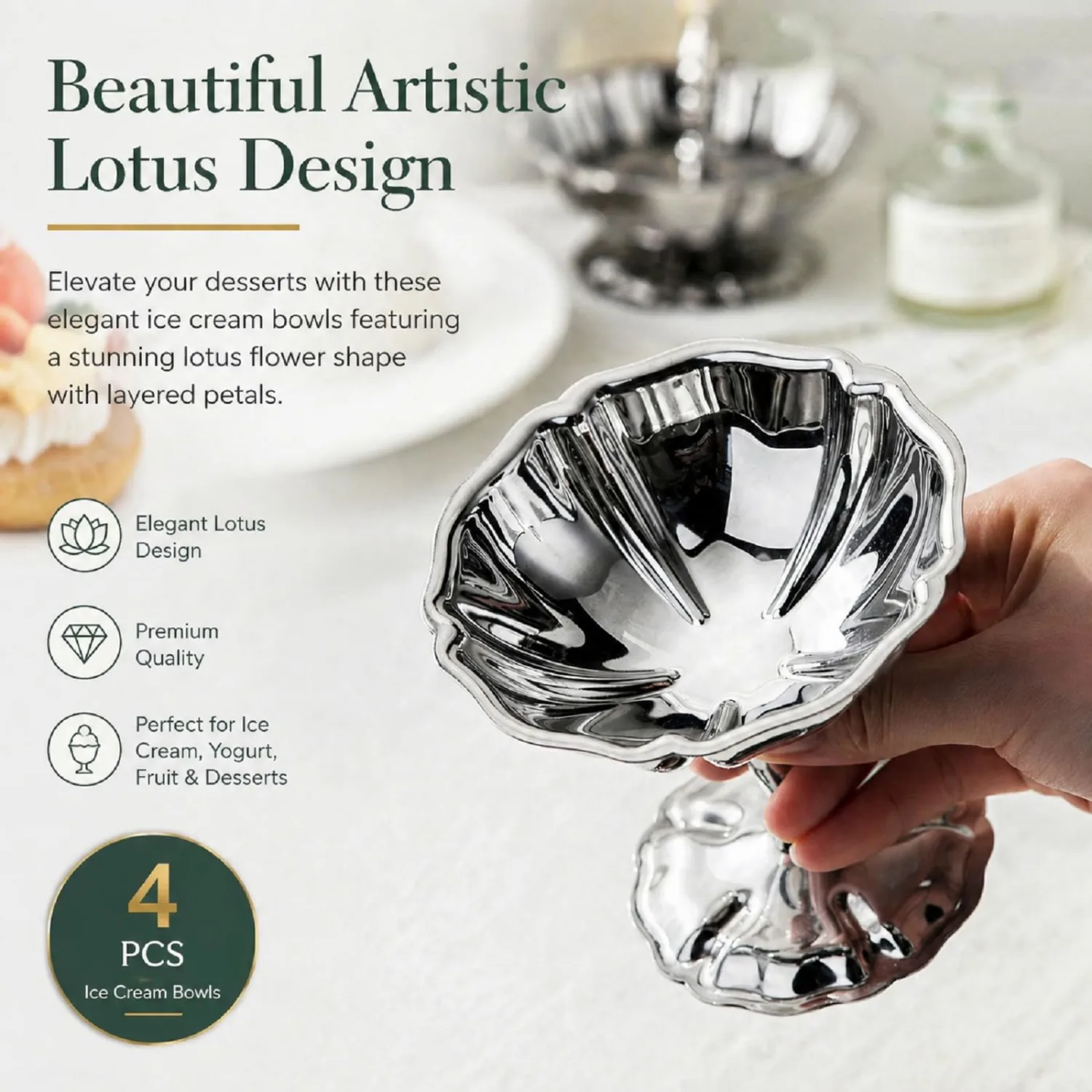 Ice Cream Cups Set of 4 – Stainless Steel Dessert Bowls with Pedestal Base, Footed Bowl Lotus Design, Silver Bowls for Ice Cream, Yogurt, Fruit, Sundae