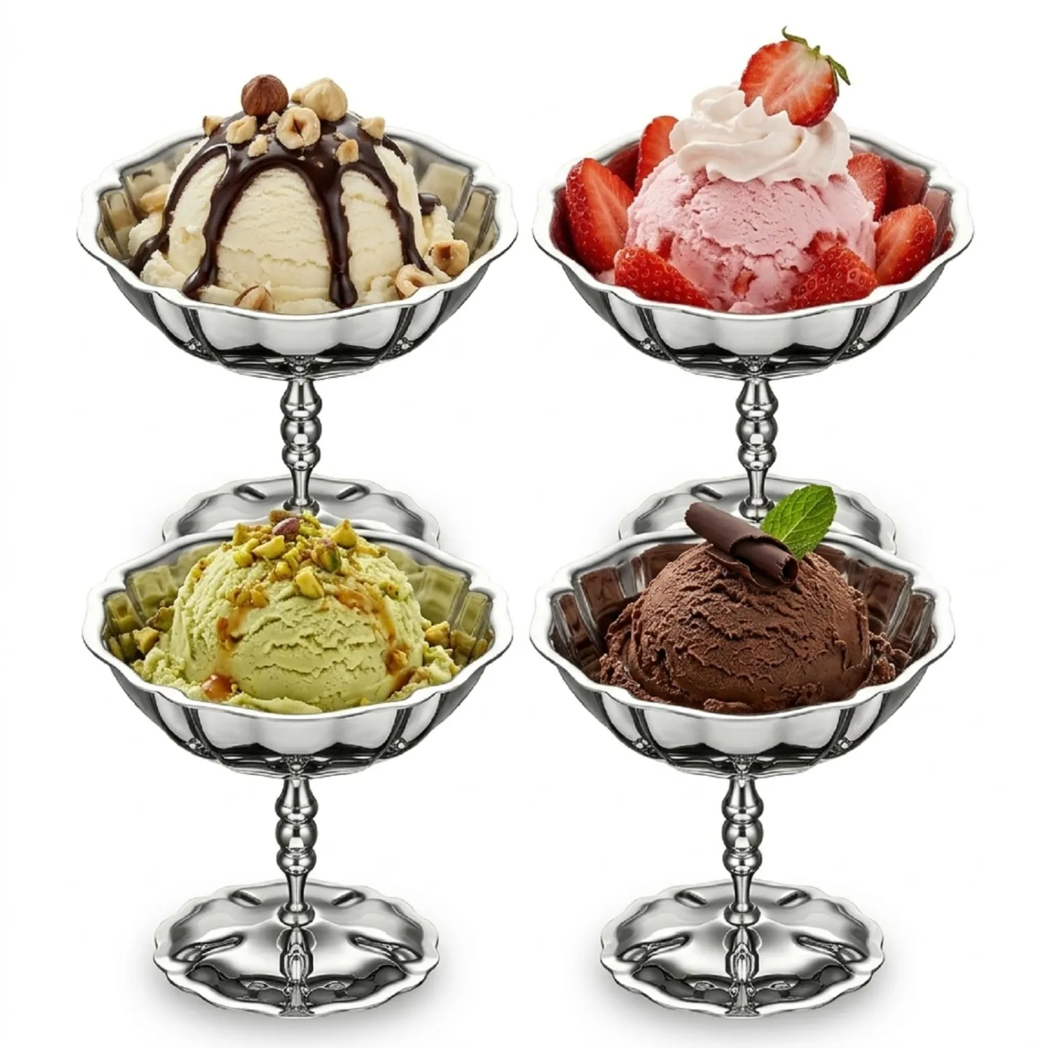 Ice Cream Cups Set of 4 – Stainless Steel Dessert Bowls with Pedestal Base, Footed Bowl Lotus Design, Silver Bowls for Ice Cream, Yogurt, Fruit, Sundae