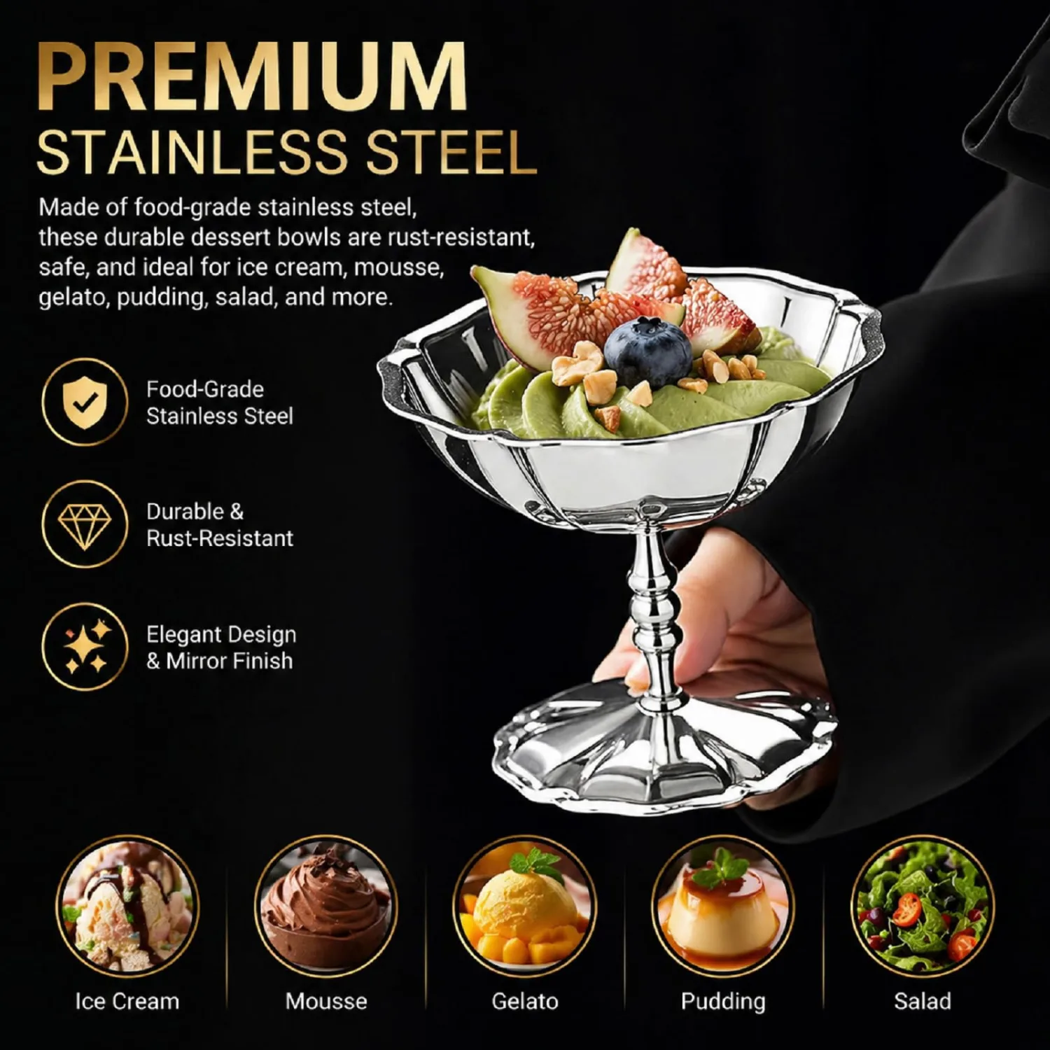 Ice Cream Cups Set of 4 – Stainless Steel Dessert Bowls with Pedestal Base, Footed Bowl Lotus Design, Silver Bowls for Ice Cream, Yogurt, Fruit, Sundae