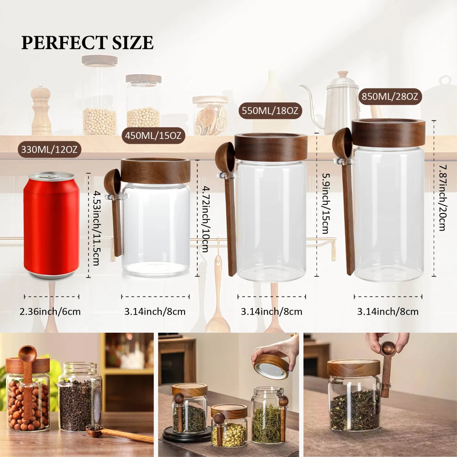 18 oz/550 ml Glass Storage Canister with Airtight Wooden Lid, Clear Small Decorative Container Jar with Spoon for Salad Overnight Oats Snacks Yogurt Cereal Fruit Spice Sugar Coffee Candy Salt