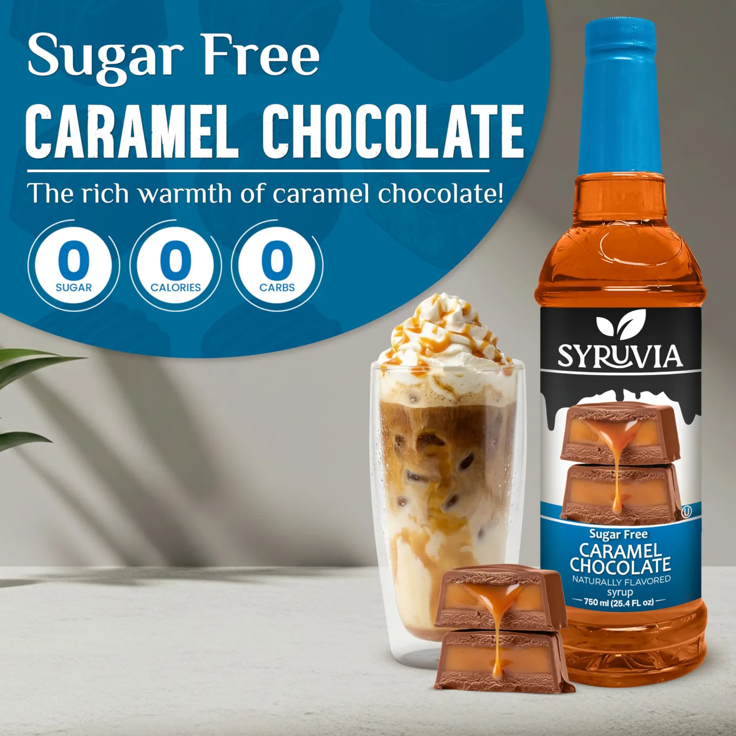 Syruvia Sugar Free Coffee Syrup, Caramel Chocolate Flavored Syrup for Drinks, Lattes and Desserts – 25.4 fl oz