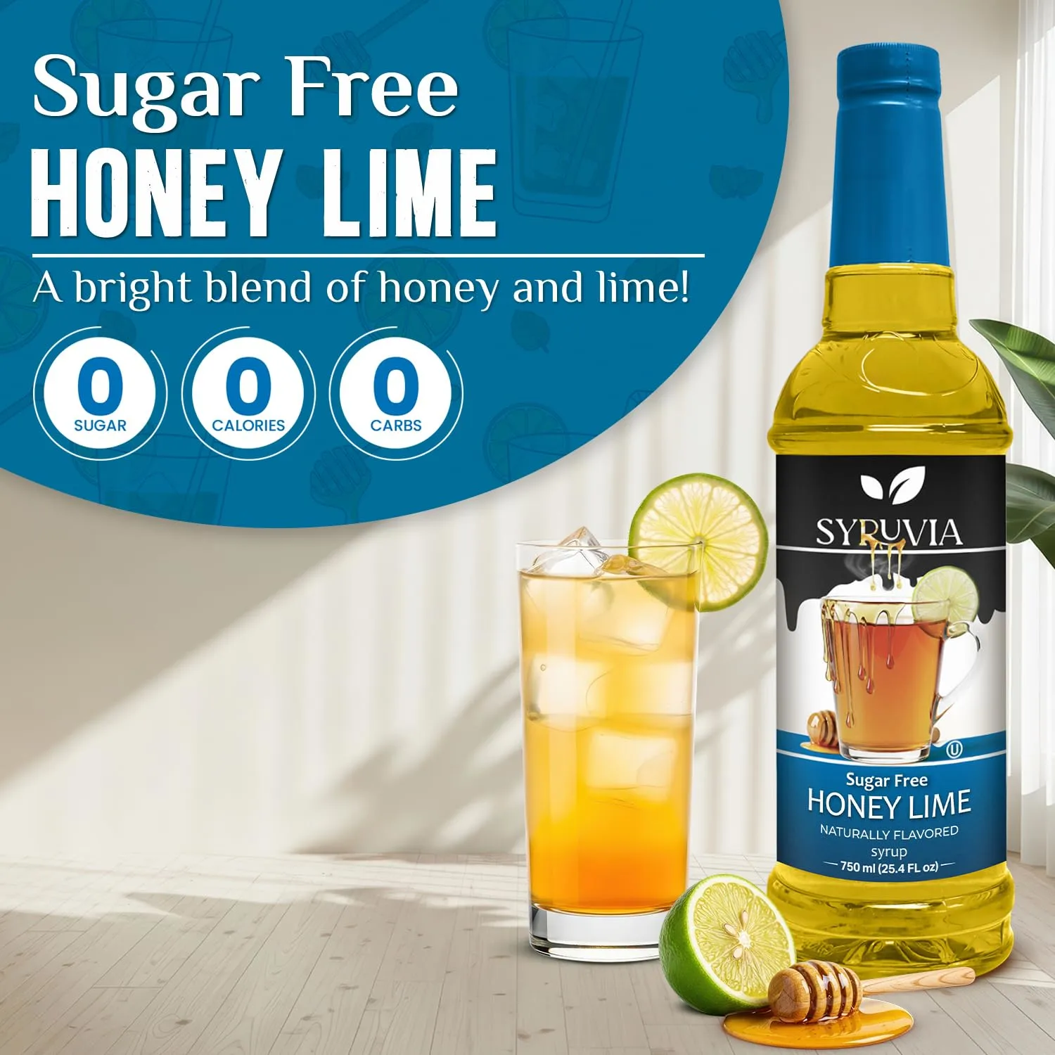 Syruvia Sugar-Free Honey Lime Syrup, Natural Flavors, Syrup for Drinks, Lattes, and Desserts – 25.4 fl oz