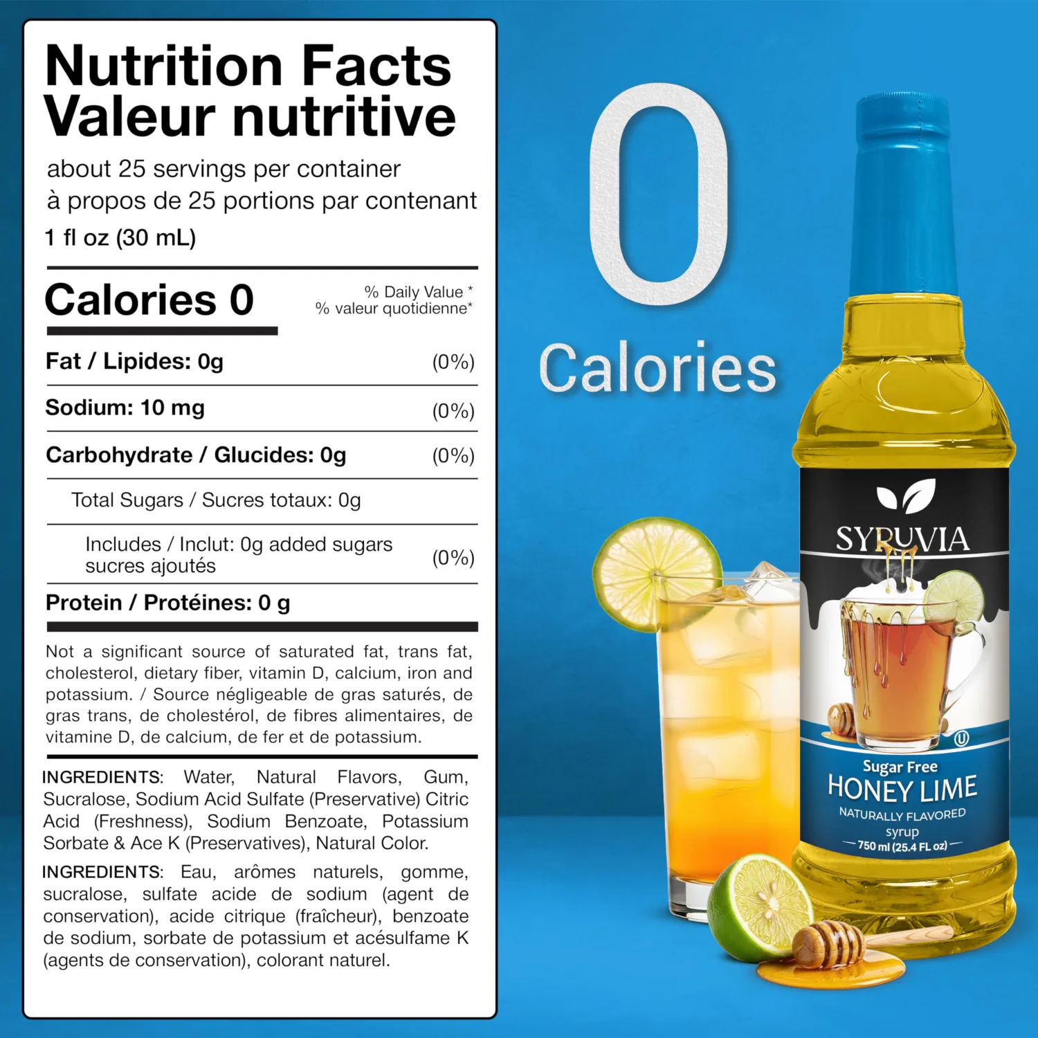 Syruvia Sugar-Free Honey Lime Syrup, Natural Flavors, Syrup for Drinks, Lattes, and Desserts – 25.4 fl oz