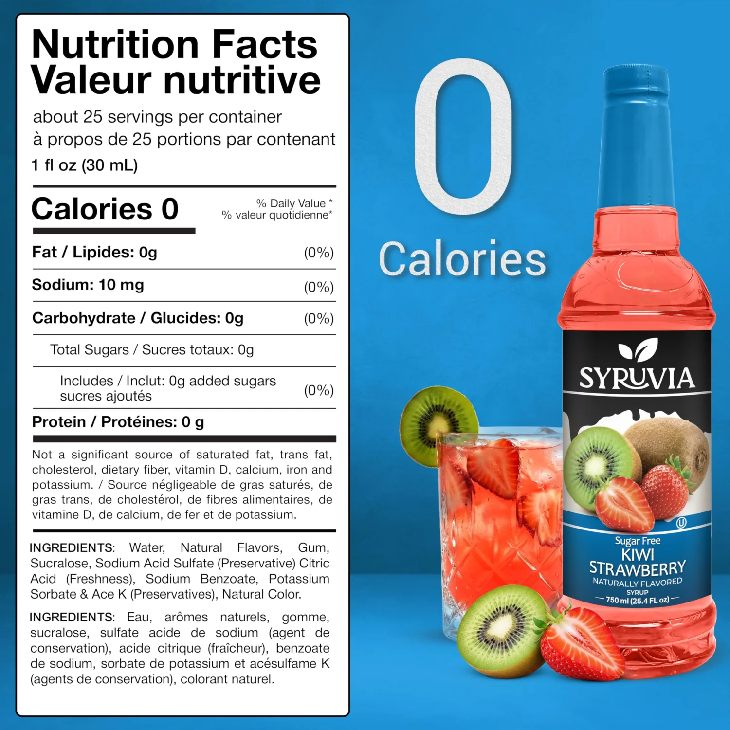 Syruvia Sugar-Free Strawberry Kiwi Syrup, Natural Flavors, Syrup for Drinks, Lattes, and Desserts – 25.4 fl oz