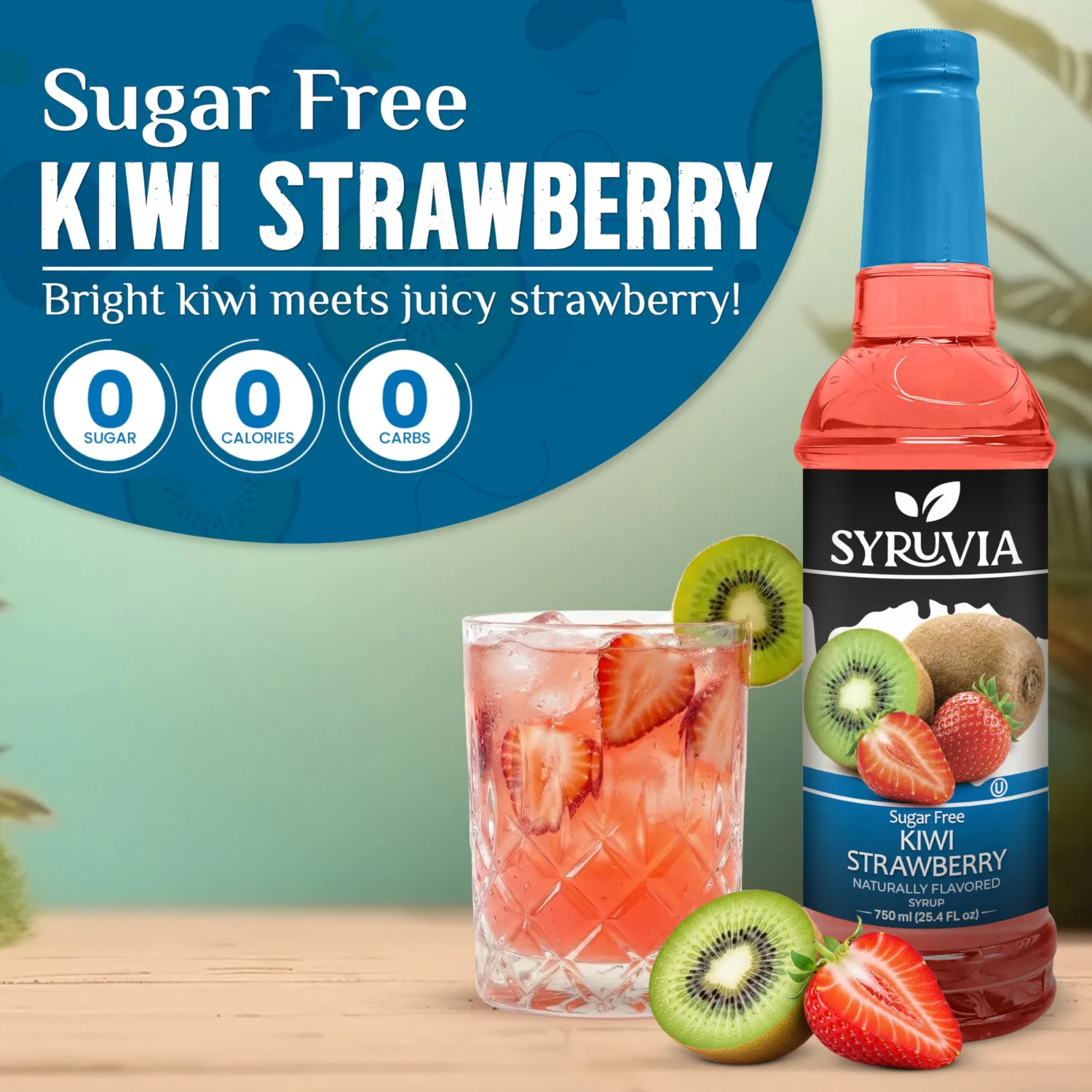 Syruvia Sugar-Free Strawberry Kiwi Syrup, Natural Flavors, Syrup for Drinks, Lattes, and Desserts – 25.4 fl oz