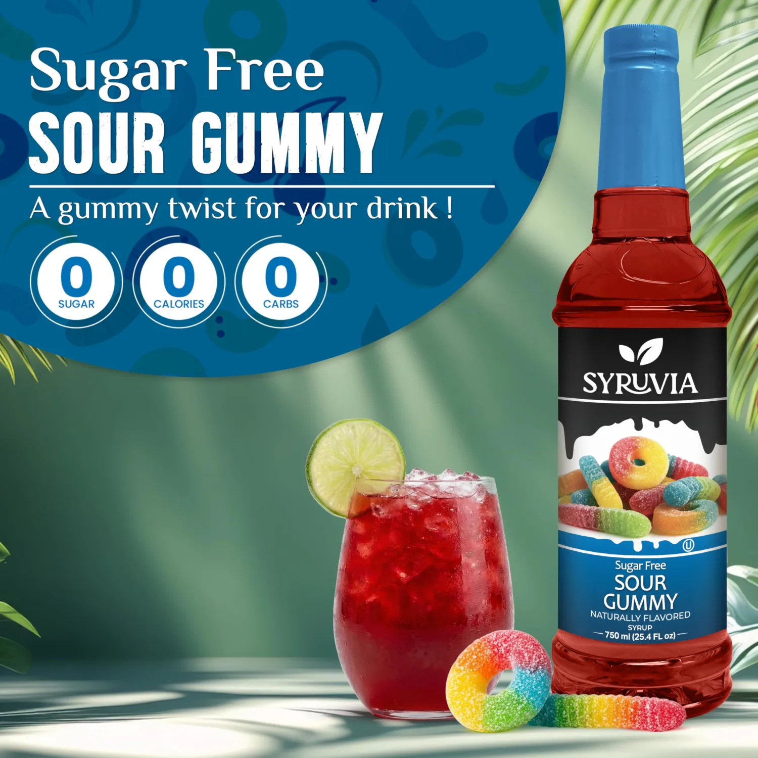 Syruvia Sugar-Free Sour Gummy Syrup, Natural Flavors, Syrup for Drinks, Lattes, and Desserts – 25.4 fl oz
