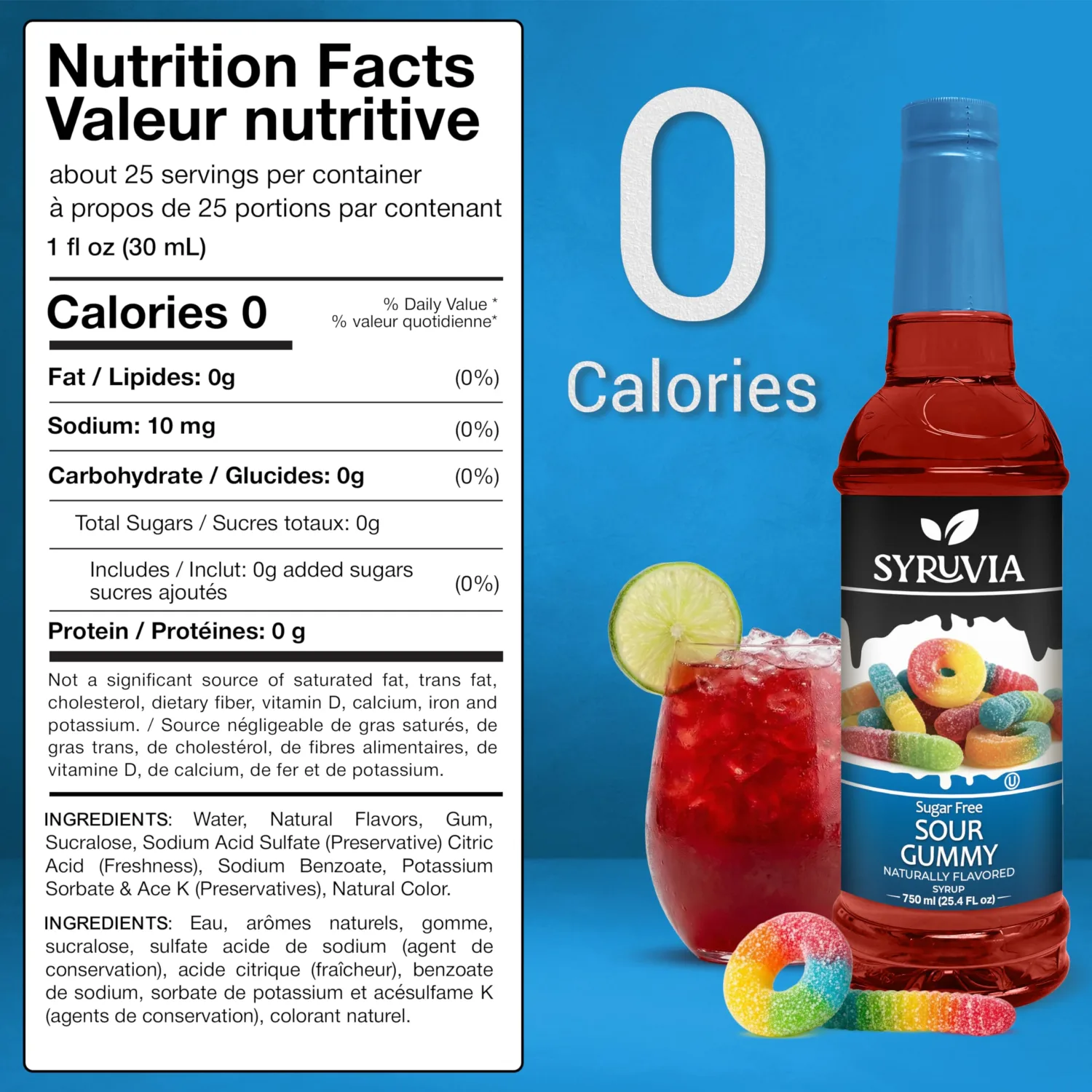 Syruvia Sugar-Free Sour Gummy Syrup, Natural Flavors, Syrup for Drinks, Lattes, and Desserts – 25.4 fl oz