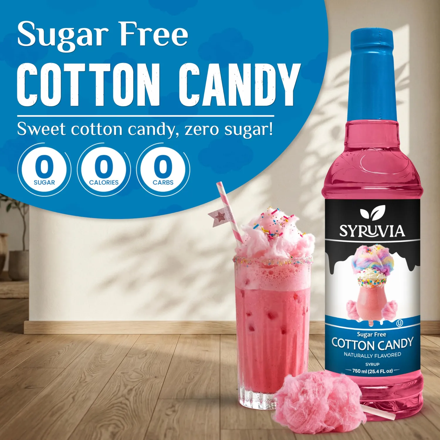 Syruvia Sugar-Free Cotton Candy Syrup, Natural Flavors, Syrup for Drinks, Lattes, and Desserts – 25.4 fl oz