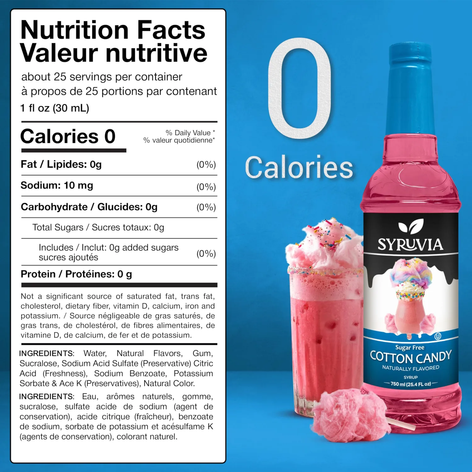 Syruvia Sugar-Free Cotton Candy Syrup, Natural Flavors, Syrup for Drinks, Lattes, and Desserts – 25.4 fl oz