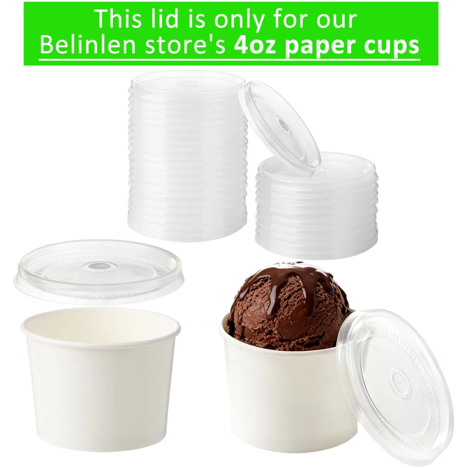 200 Count Clear Plastic Flat Lids 4 oz Paper Ice Cream Cups Frozen Yogurt Cup Dessert Bowls Frozen Dessert Supplies(Clear)