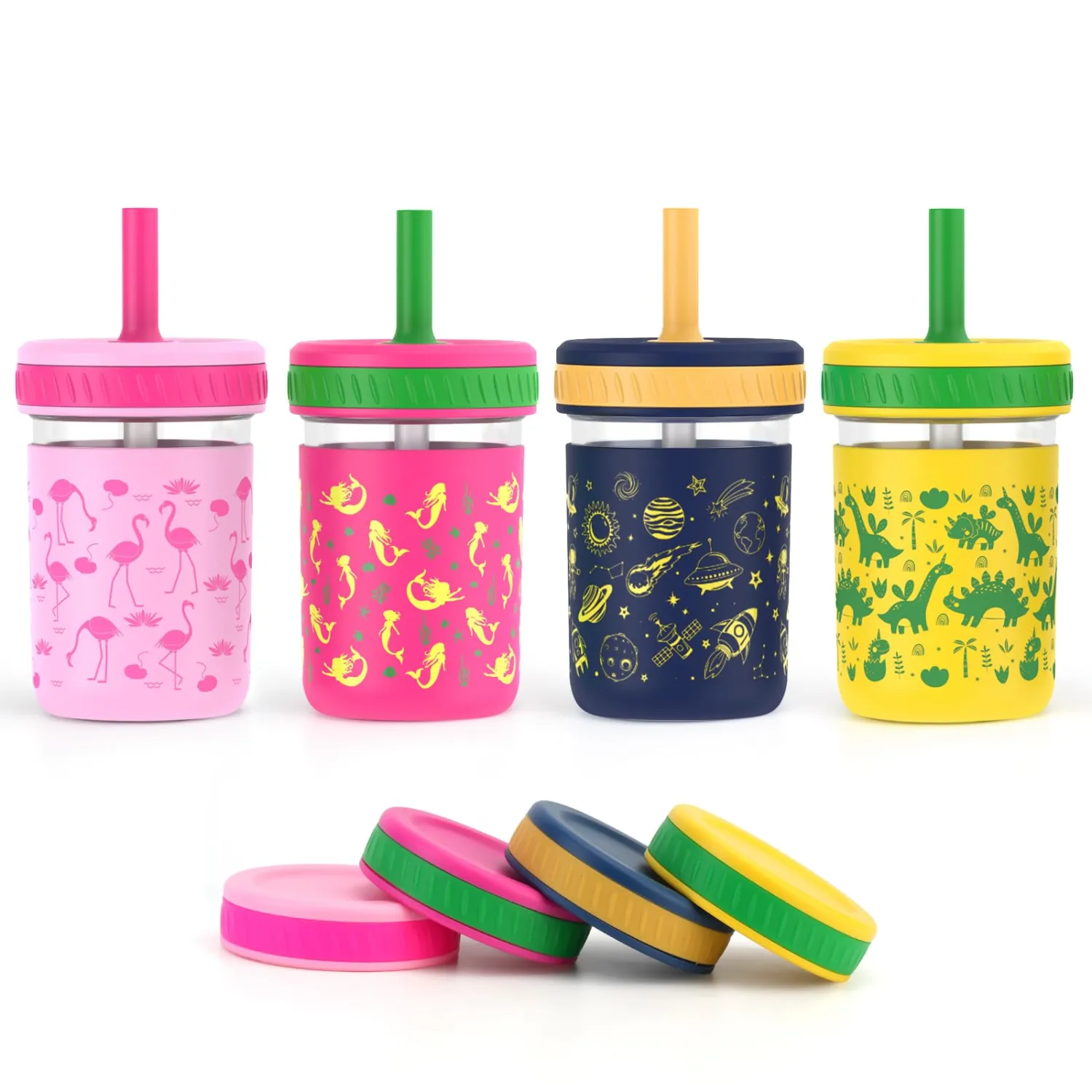 Sursip Toddler Glass Cups with Straw, Spill-Proof Kids Mason Jar Food Storage with Lids, Sippy Cups for Drinks, Smoothies, Snacks, Milk Cup [4 Pack] 8 oz 2-in-1
