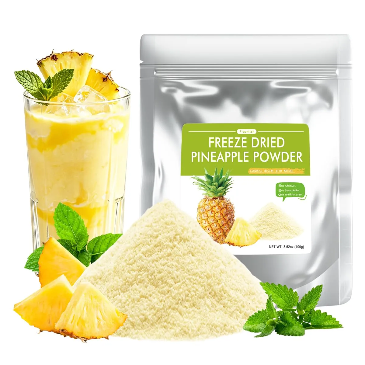 Fraunitsh Freeze Dried Pineapple Powder 3.52oz/ 100g, Perfect for Smoothies, Shakes, Baking, Yogurt, Oatmeal, Desserts, Marinades & Tropical Drinks, No Added Sugar & No Additives (3.52oz)