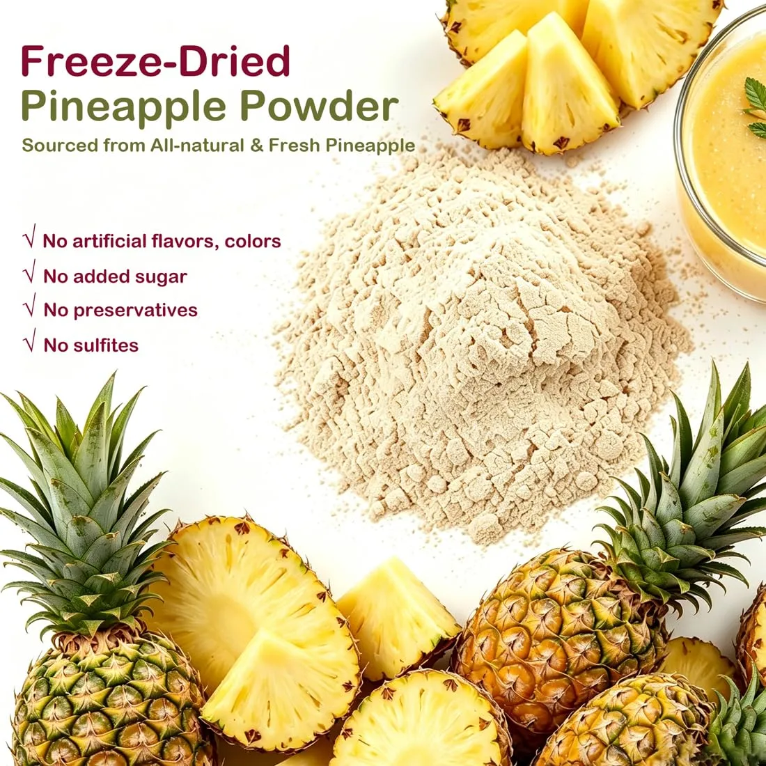 Fraunitsh Freeze Dried Pineapple Powder 3.52oz/ 100g, Perfect for Smoothies, Shakes, Baking, Yogurt, Oatmeal, Desserts, Marinades & Tropical Drinks, No Added Sugar & No Additives (3.52oz)