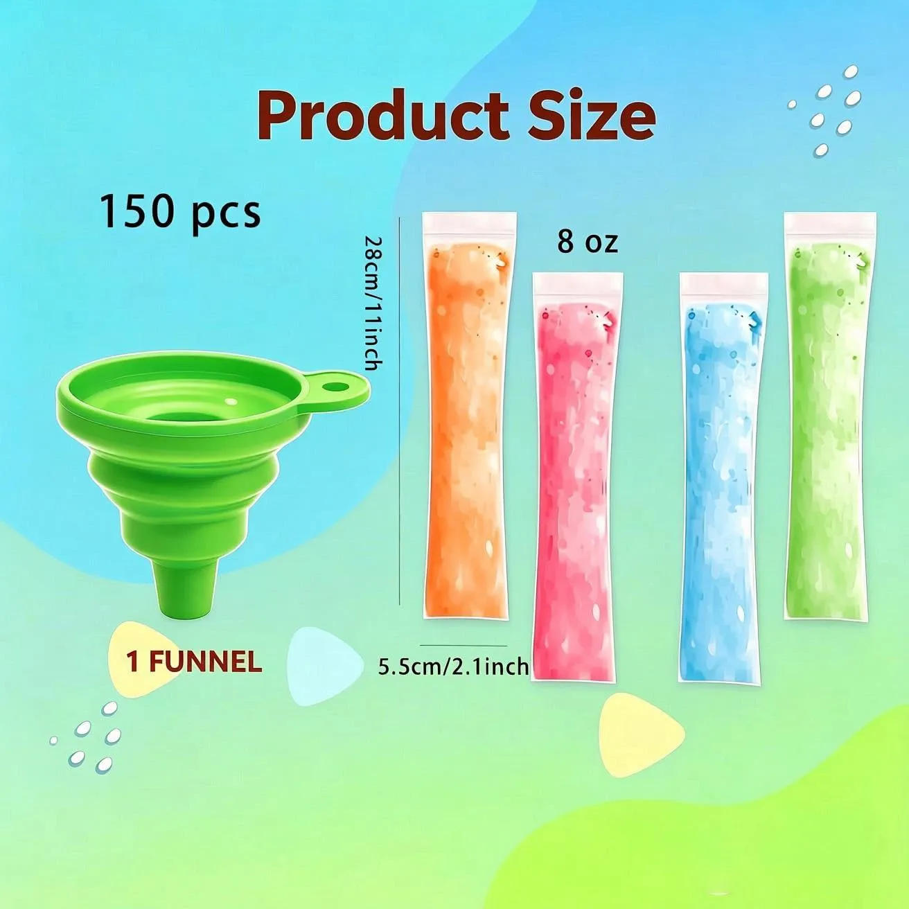 Disposable Ice Popsicle Mold Bags 11" x 2" Popsicle Bags 150 Pack Ice Pop Bags with Zip Seal and Funnel Freeze Pop Bags Popsicles Bags Plastic Freezer Tubes for Yogurt Juice Fruit Smoothies DIY Snacks