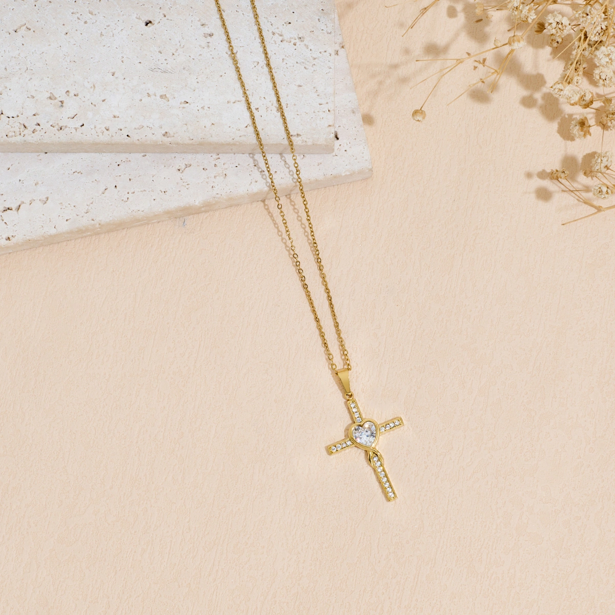 Stainless Steel Heart-shaped Cross Pendant Necklace With Zircon Inlay