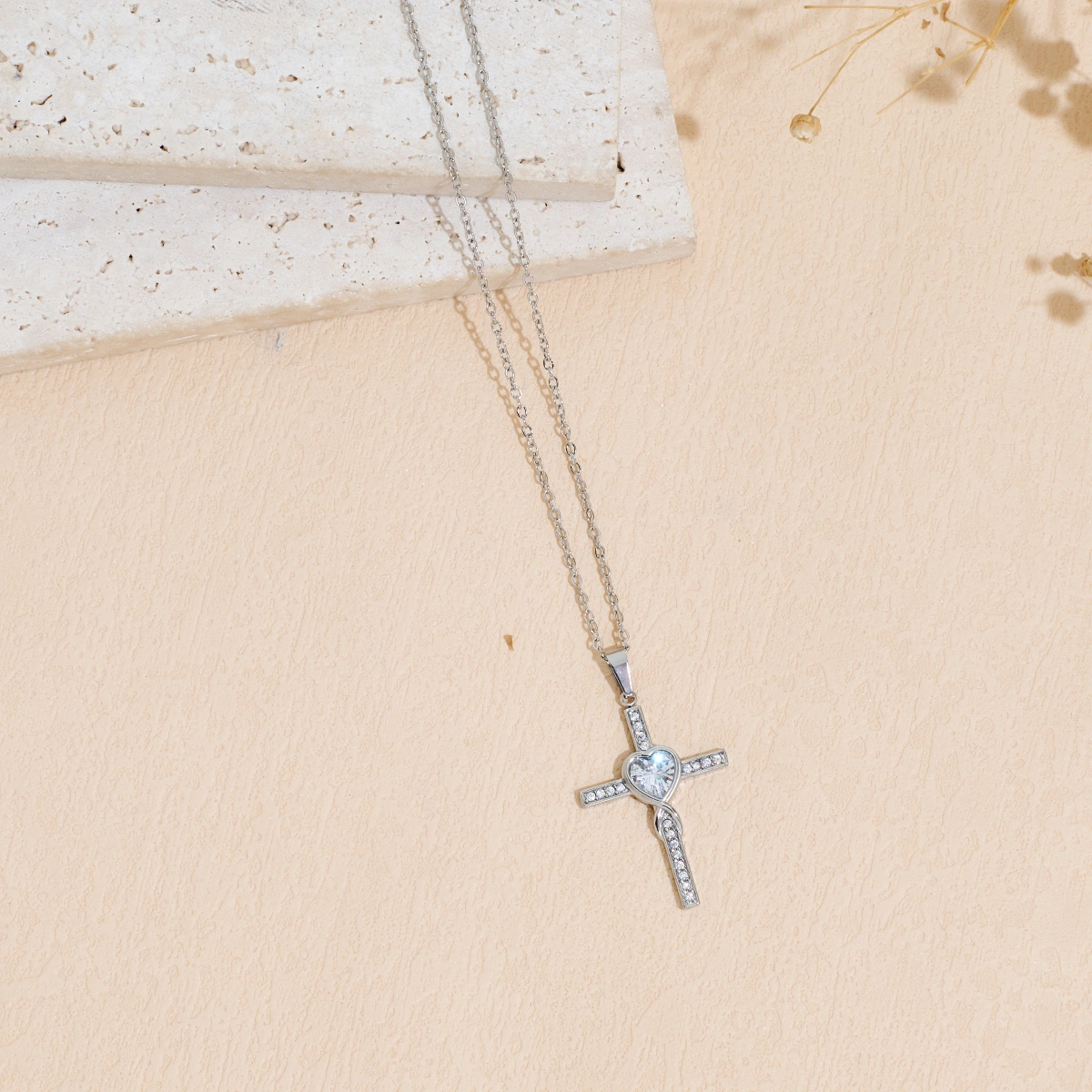 Stainless Steel Heart-shaped Cross Pendant Necklace With Zircon Inlay