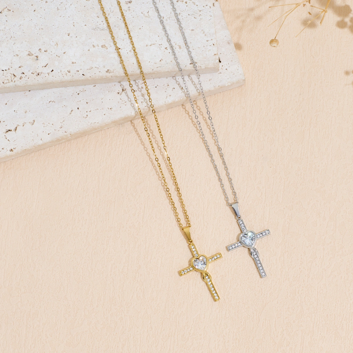 Stainless Steel Heart-shaped Cross Pendant Necklace With Zircon Inlay