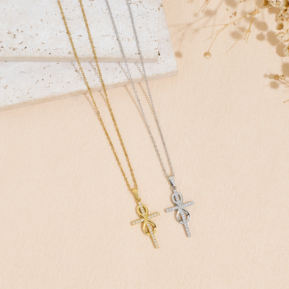 Stainless Steel Infinity 8-shaped Surrounding Zircon Cross Pendant Necklace For Men And Women