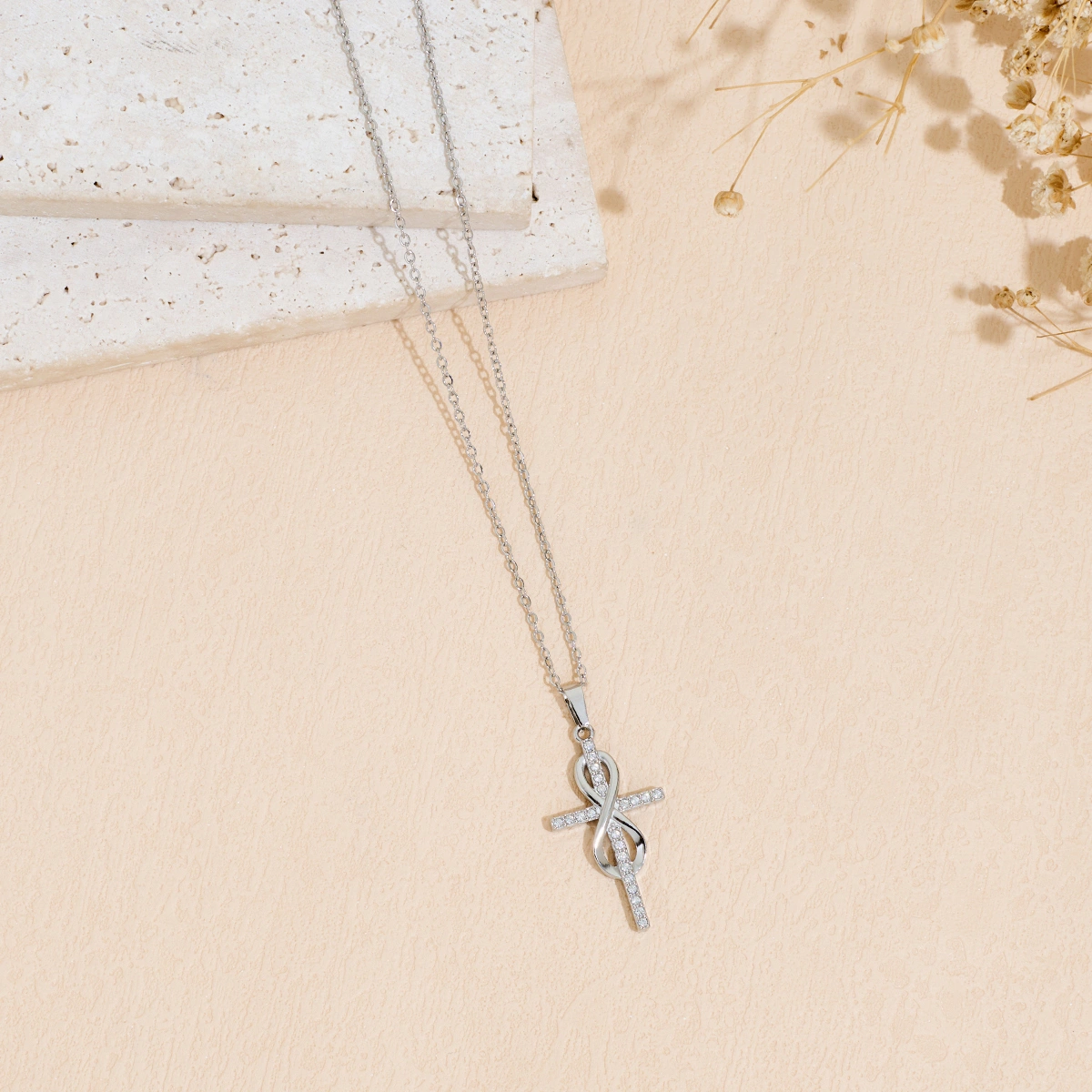 Stainless Steel Infinity 8-shaped Surrounding Zircon Cross Pendant Necklace For Men And Women