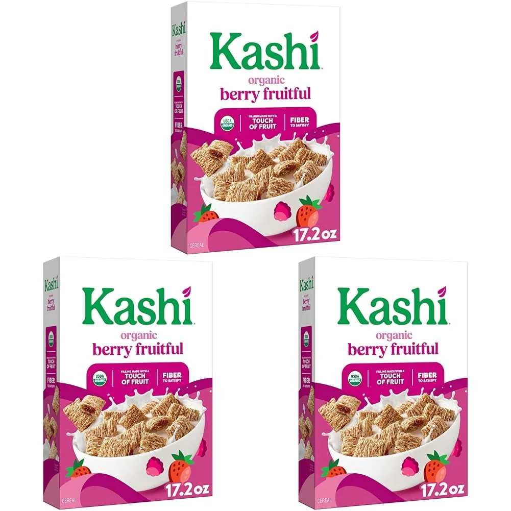 Kashi Breakfast Cereal, Organic, Fiber Cereal, Berry Fruitful, 17.2oz Box (1 Box) (Pack of 3)