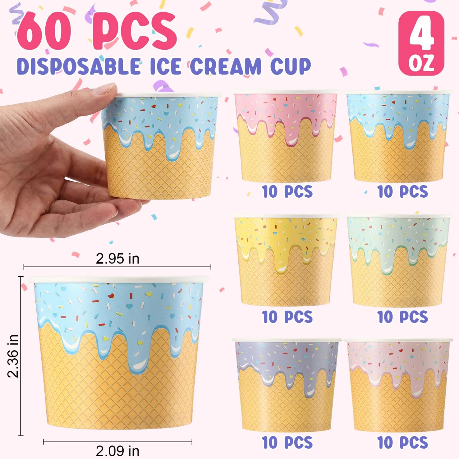 Jingmore 60 Pcs Ice Cream Bowls Paper Ice Cream Cups 4/6/8 oz Containers Bulk 6 Colors Disposable Sundae Bowls for Dessert Frozen Yogurt Birthday Summer Baby Shower Party Bar Supplies (4 oz)