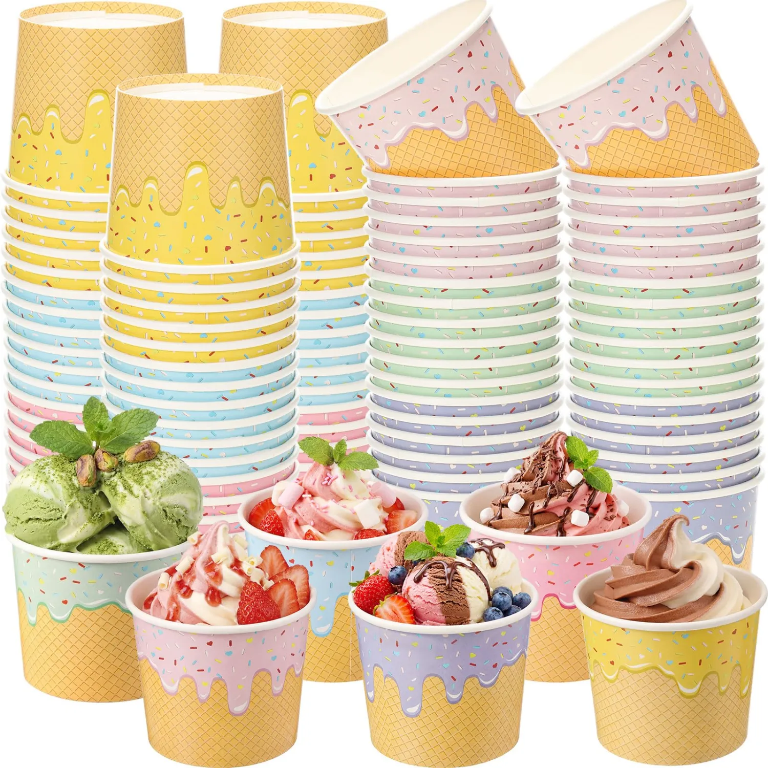 Jingmore 60 Pcs Ice Cream Bowls Paper Ice Cream Cups 4/6/8 oz Containers Bulk 6 Colors Disposable Sundae Bowls for Dessert Frozen Yogurt Birthday Summer Baby Shower Party Bar Supplies (4 oz)