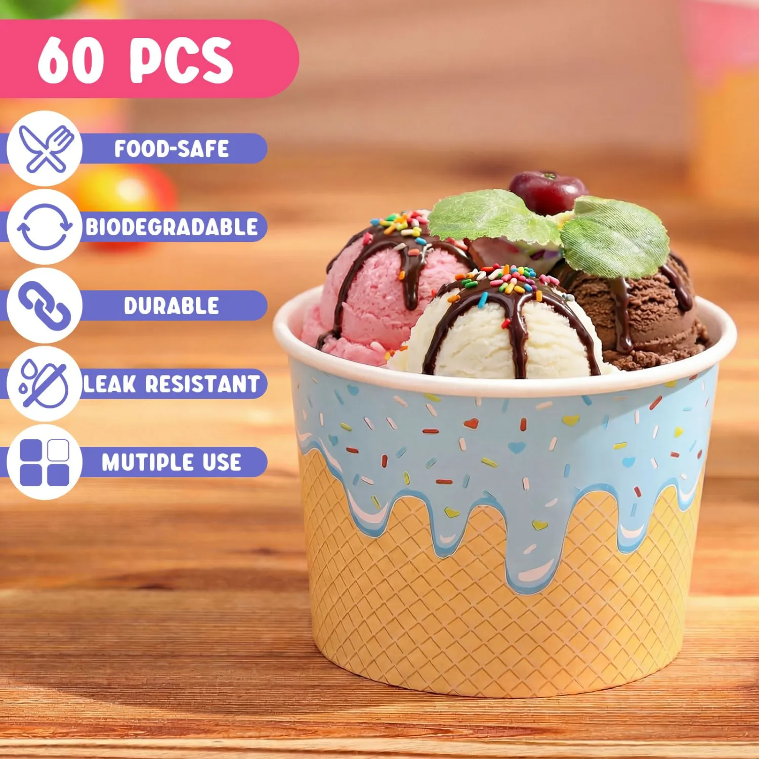 Jingmore 60 Pcs Ice Cream Bowls Paper Ice Cream Cups 4/6/8 oz Containers Bulk 6 Colors Disposable Sundae Bowls for Dessert Frozen Yogurt Birthday Summer Baby Shower Party Bar Supplies (6 oz)