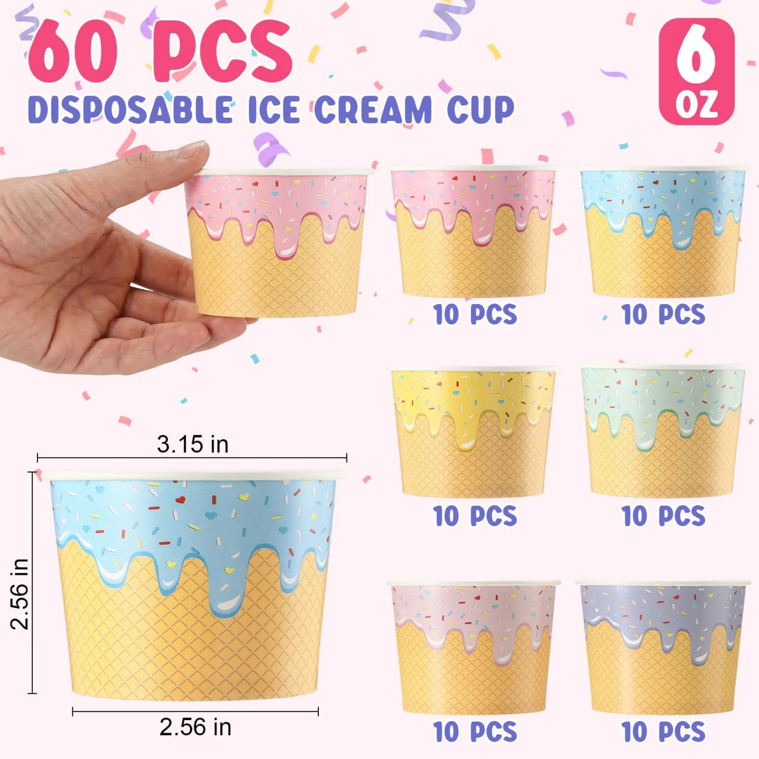 Jingmore 60 Pcs Ice Cream Bowls Paper Ice Cream Cups 4/6/8 oz Containers Bulk 6 Colors Disposable Sundae Bowls for Dessert Frozen Yogurt Birthday Summer Baby Shower Party Bar Supplies (6 oz)