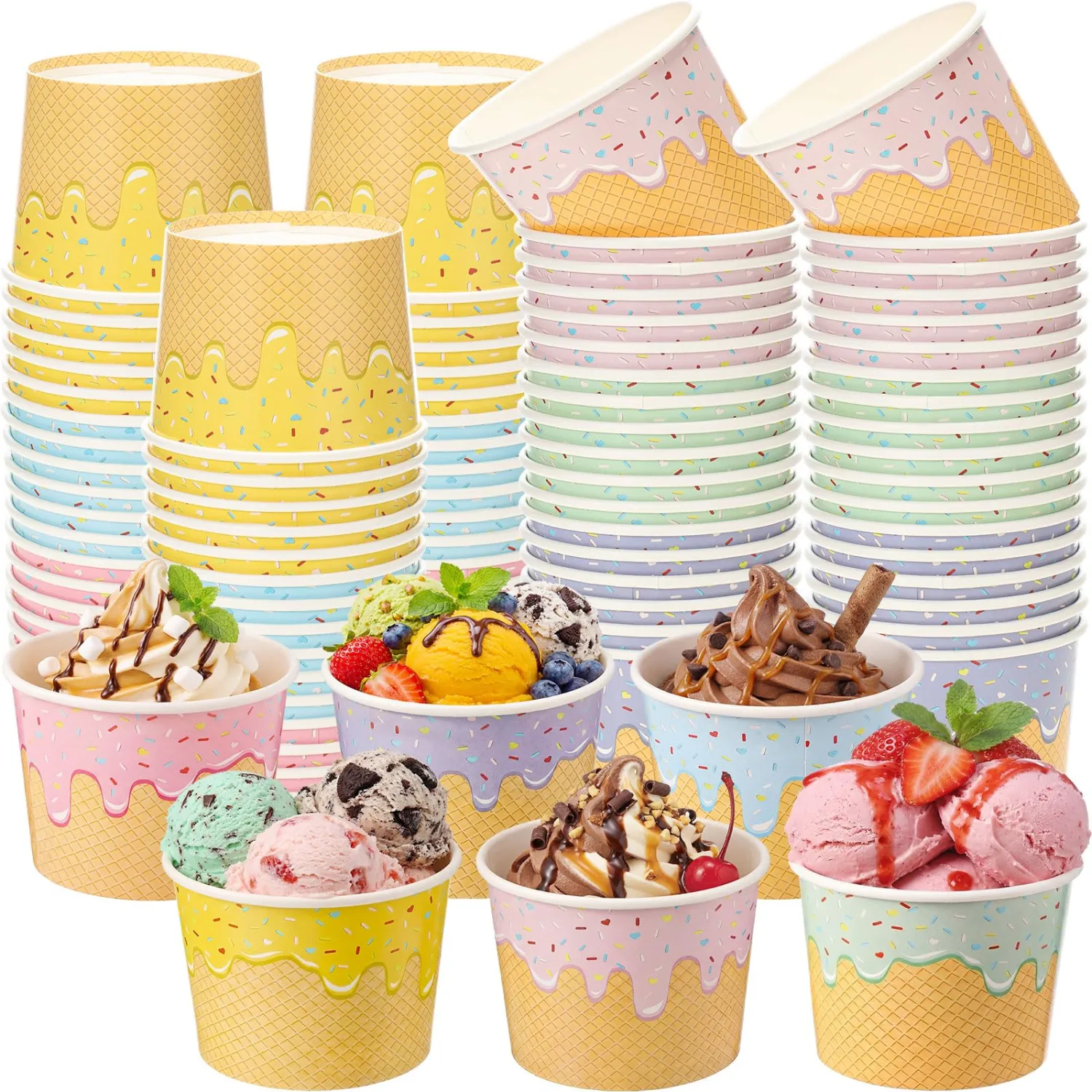 Jingmore 60 Pcs Ice Cream Bowls Paper Ice Cream Cups 4/6/8 oz Containers Bulk 6 Colors Disposable Sundae Bowls for Dessert Frozen Yogurt Birthday Summer Baby Shower Party Bar Supplies (6 oz)