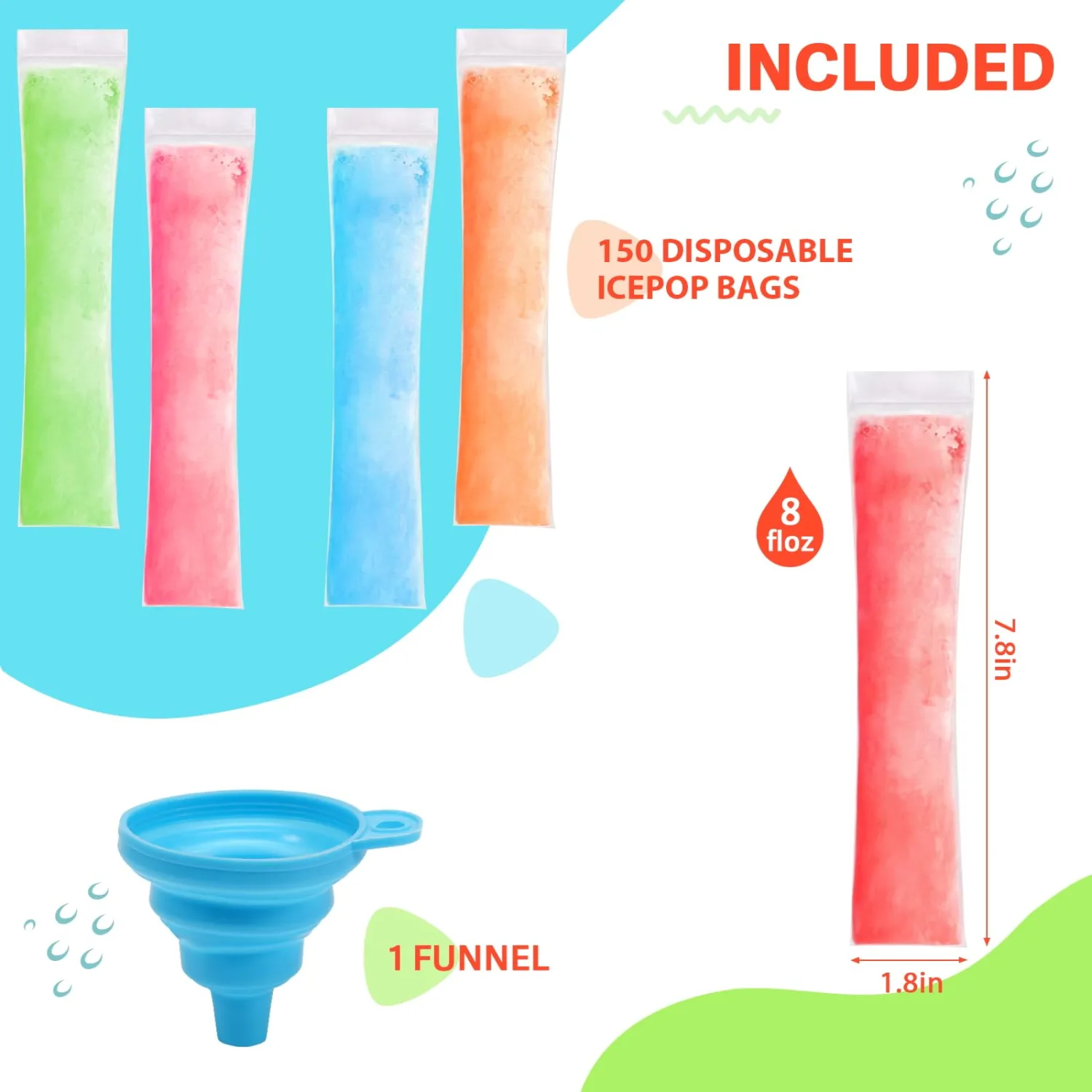 150 Disposable Ice Popsicle Mold Bags, BPA-Free Freezer Tube, Popsicle Mold bags with Zip Seals&Funnel, Summer Homemade DIY Snacks, Yogurt Sticks, Juice & Fruit Smoothies. (150, Orange)