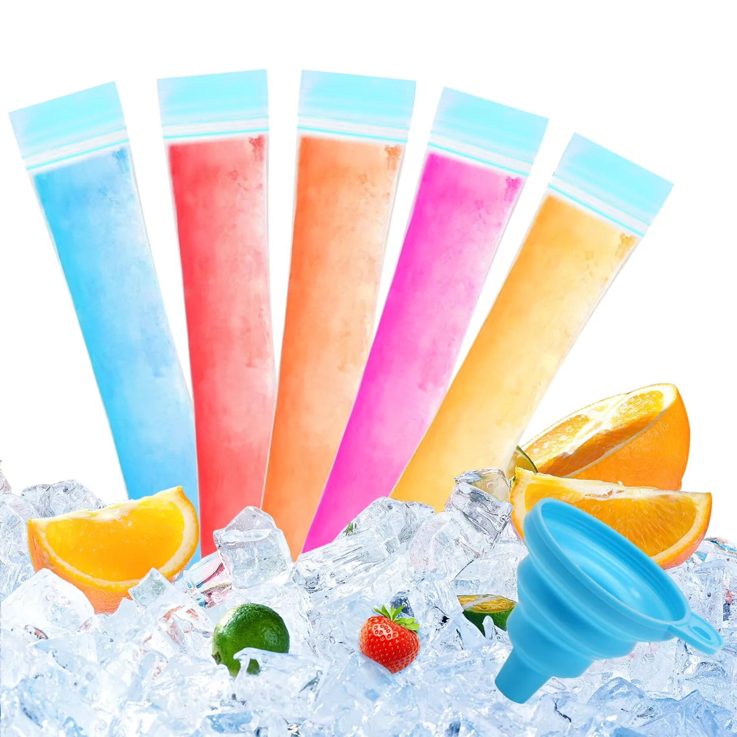 150 Disposable Ice Popsicle Mold Bags, BPA-Free Freezer Tube, Popsicle Mold bags with Zip Seals&Funnel, Summer Homemade DIY Snacks, Yogurt Sticks, Juice & Fruit Smoothies. (150, Skyblue)