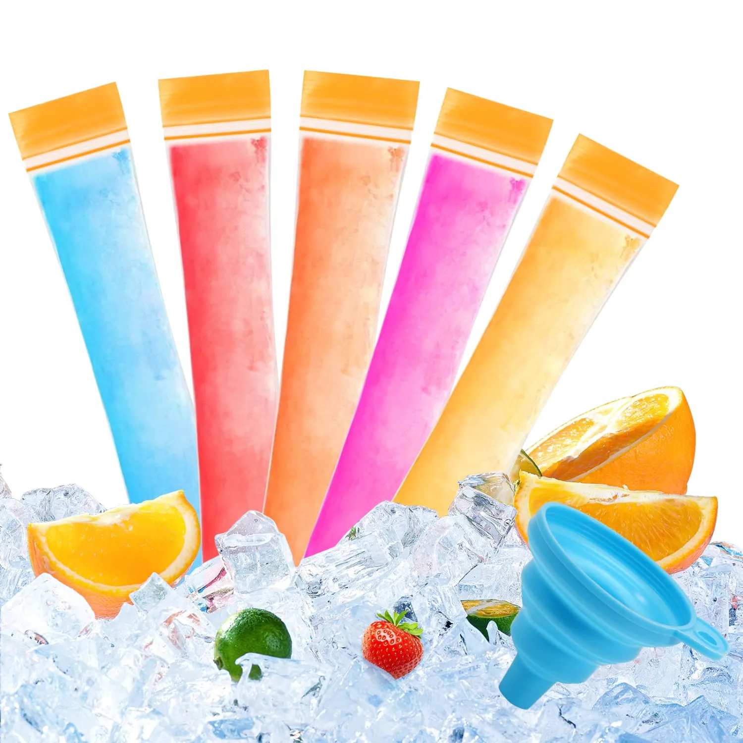 300 Disposable Ice Popsicle Mold Bags, BPA-Free Freezer Tube, Popsicle Mold bags with Zip Seals&Funnel, Summer Homemade DIY Snacks, Yogurt Sticks, Juice & Fruit Smoothies. (300, Orange)