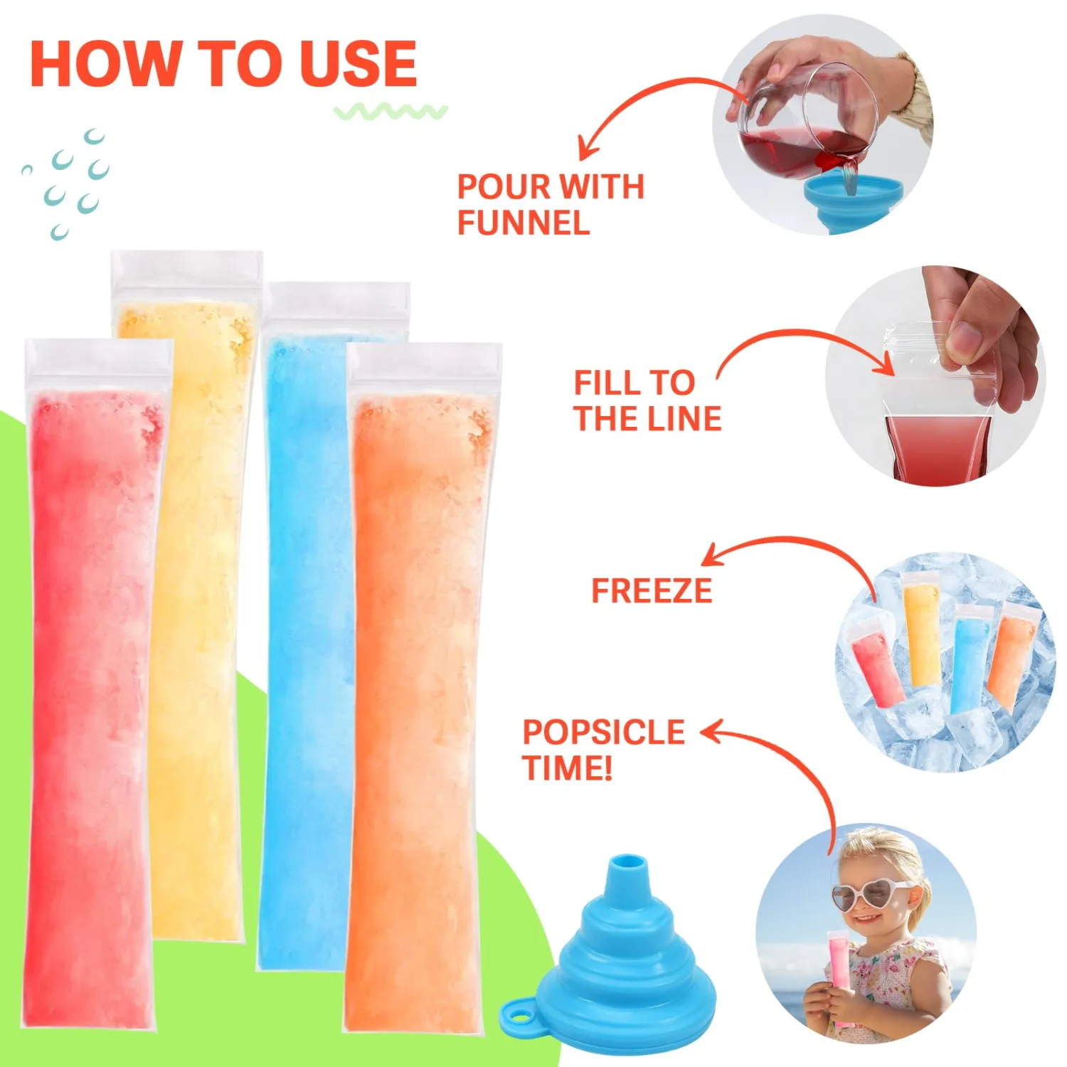 150 Disposable Ice Popsicle Mold Bags, BPA-Free Freezer Tube, Popsicle Mold bags with Zip Seals&Funnel, Summer Homemade DIY Snacks, Yogurt Sticks, Juice & Fruit Smoothies. (150, White)