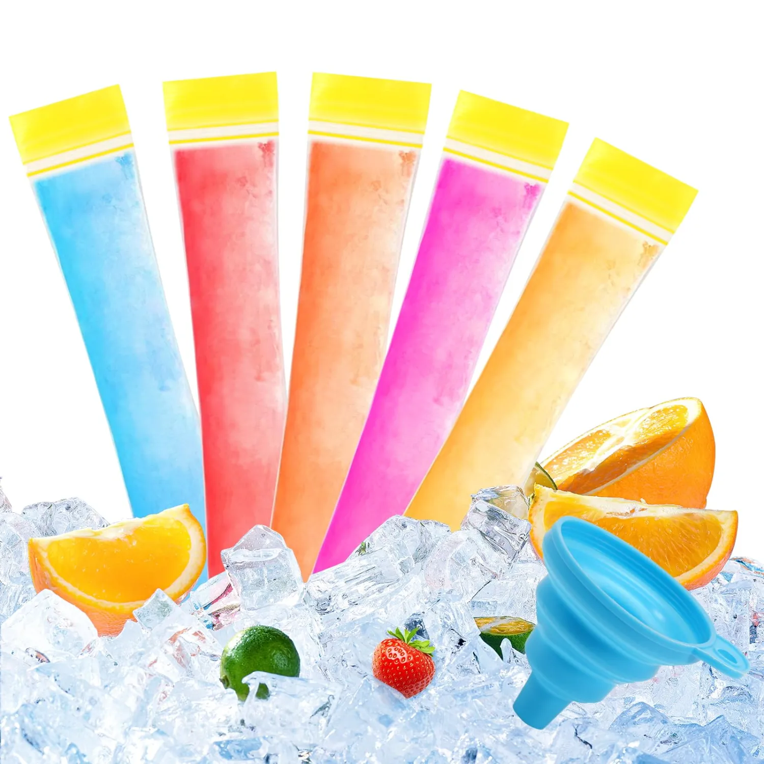 300 Disposable Ice Popsicle Mold Bags, BPA-Free Freezer Tube, Popsicle Mold bags with Zip Seals&Funnel, Summer Homemade DIY Snacks, Yogurt Sticks, Juice & Fruit Smoothies. (300, Yellow)