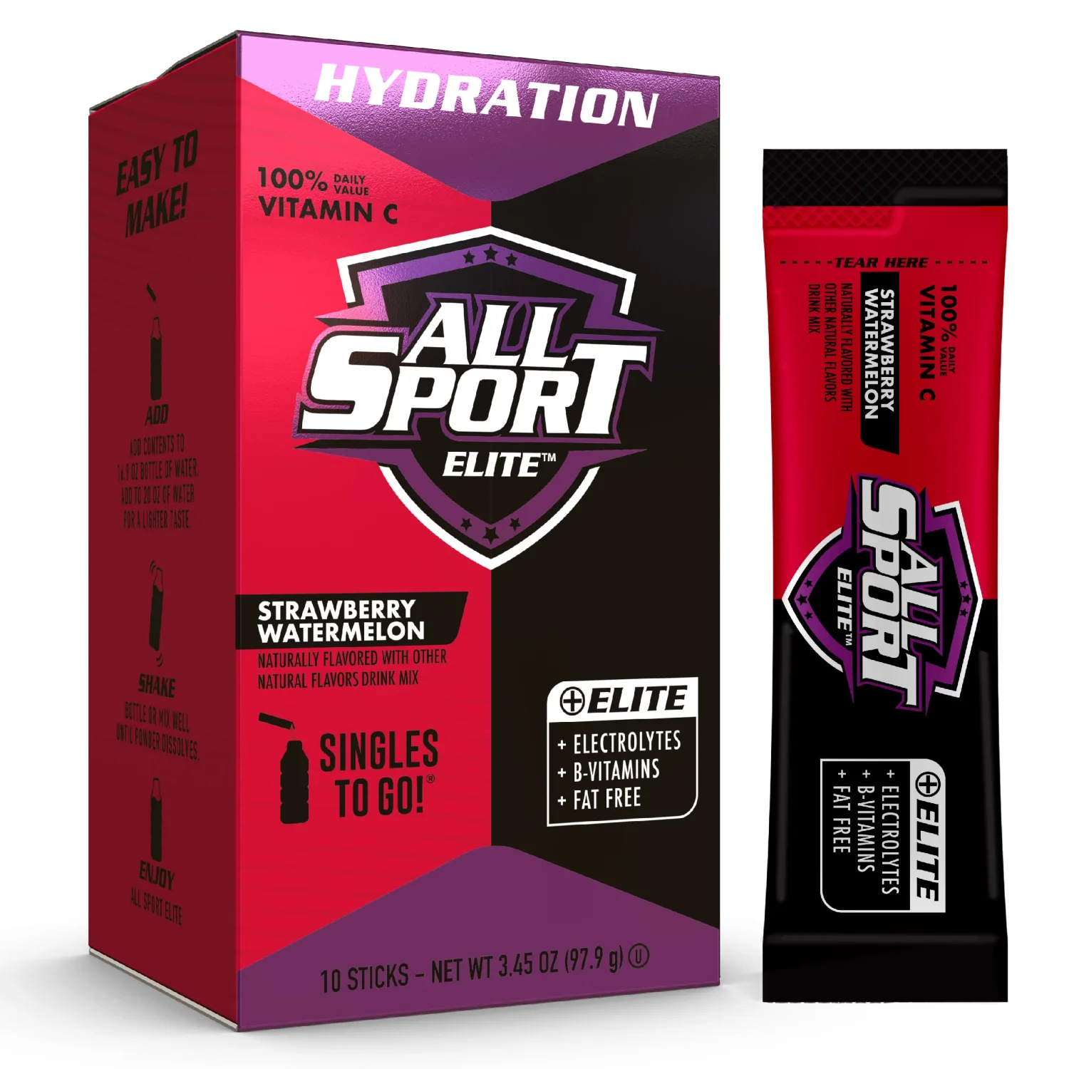 ALL SPORT ELITE - Electrolyte Hydration Performance - Strawberry Watermelon - Singles To Go Powder Packets (10 Sticks)