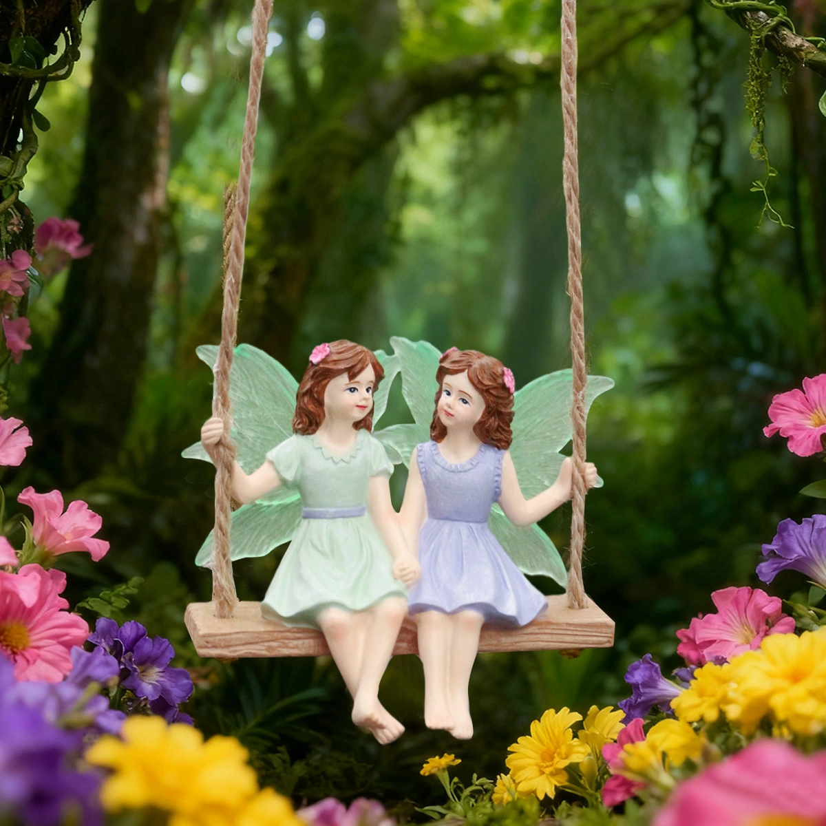 Luminous Flower Fairy Sisters Swing Pendant For Outdoor Courtyard