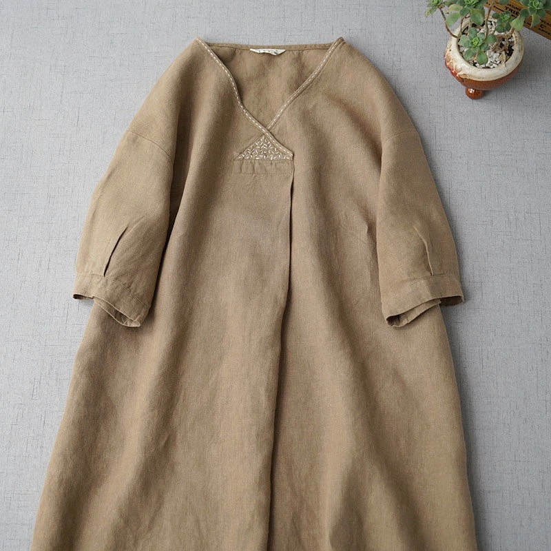 Summer New Arrival Commuter Linen Dress, Loose V-Neck Casual Literary Long Dress