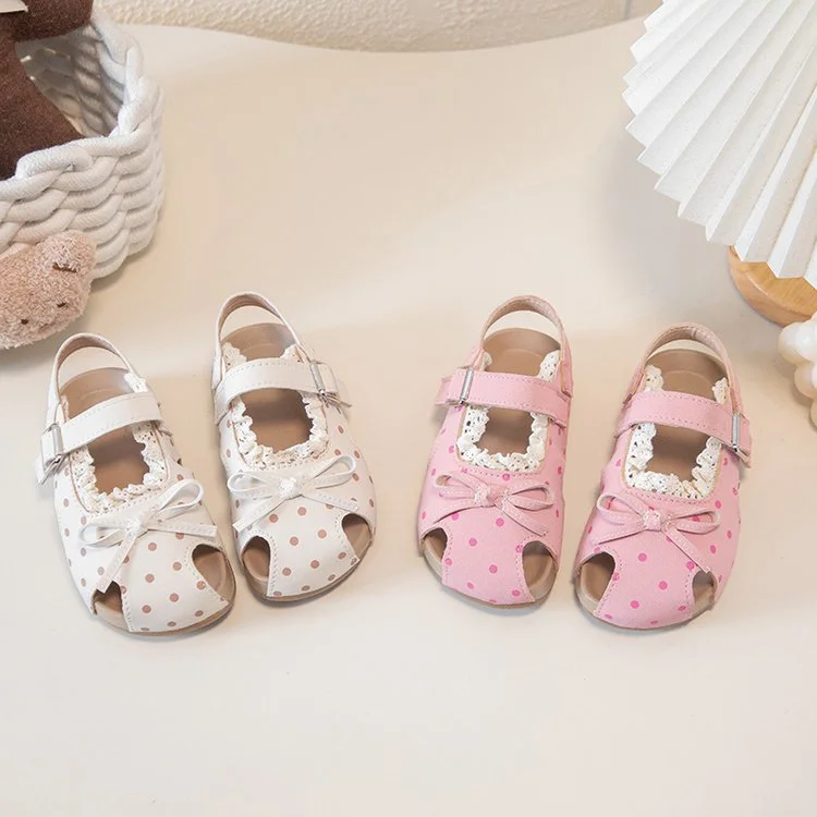 Girls' Sandals For Summer, Little Girls' Polka Dot Princess Shoes With Soft Soles And Toe Caps, Beach Walking Shoes For Beginners