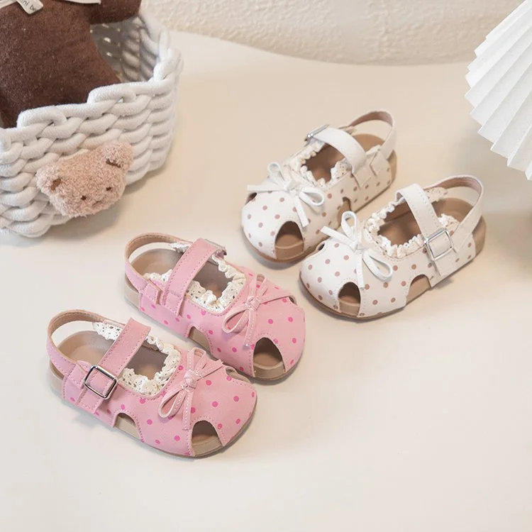 Girls' Sandals For Summer, Little Girls' Polka Dot Princess Shoes With Soft Soles And Toe Caps, Beach Walking Shoes For Beginners