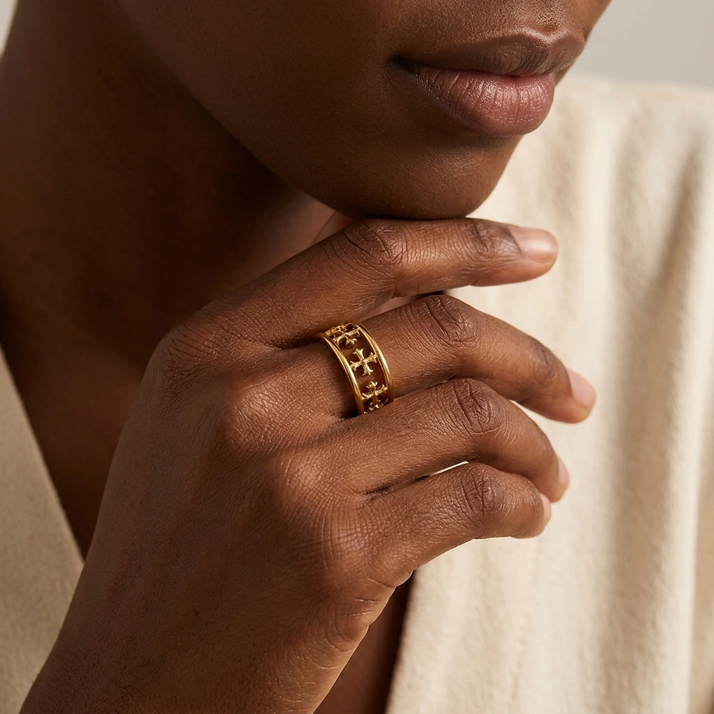 New Hollow Out 18K Gold Plated Stainless Steel Ring, Retro Luxury Minimalist Adjustable Open Titanium Steel Fashion Jewelry For Women
