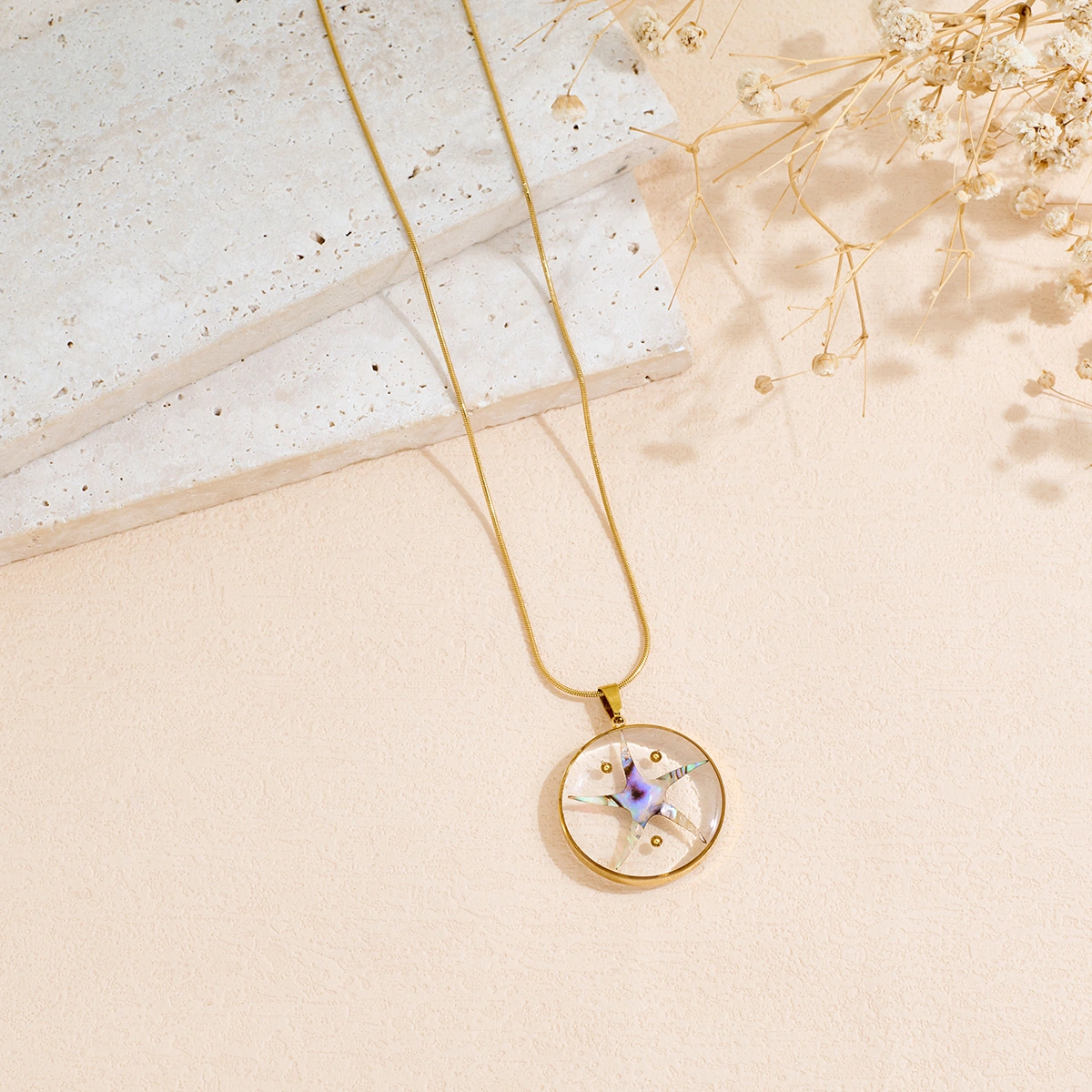 Stainless Steel Inlaid Abalone Shell Pendant Necklace