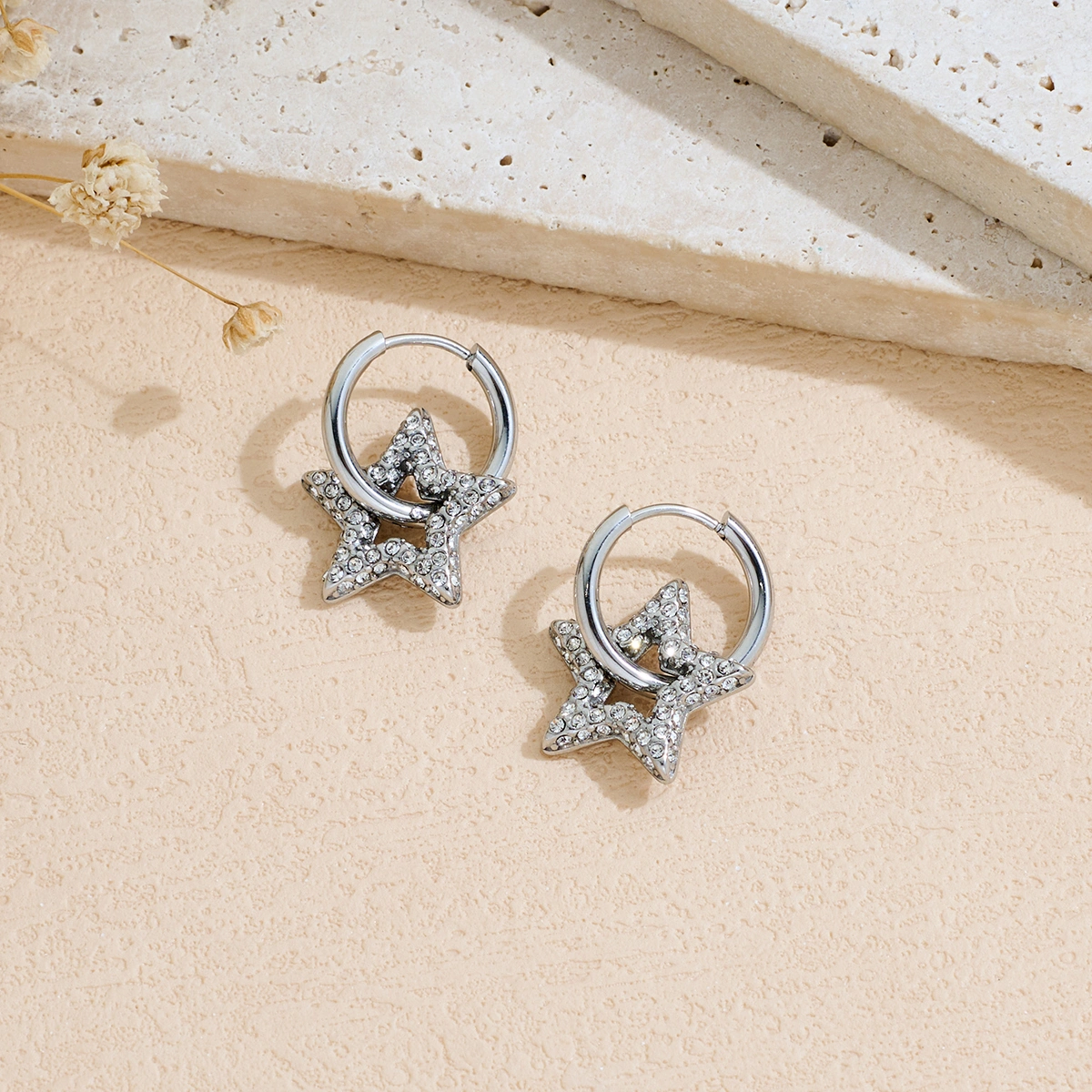 Machine-set Rhinestone Stainless Steel Five-pointed Star Earrings