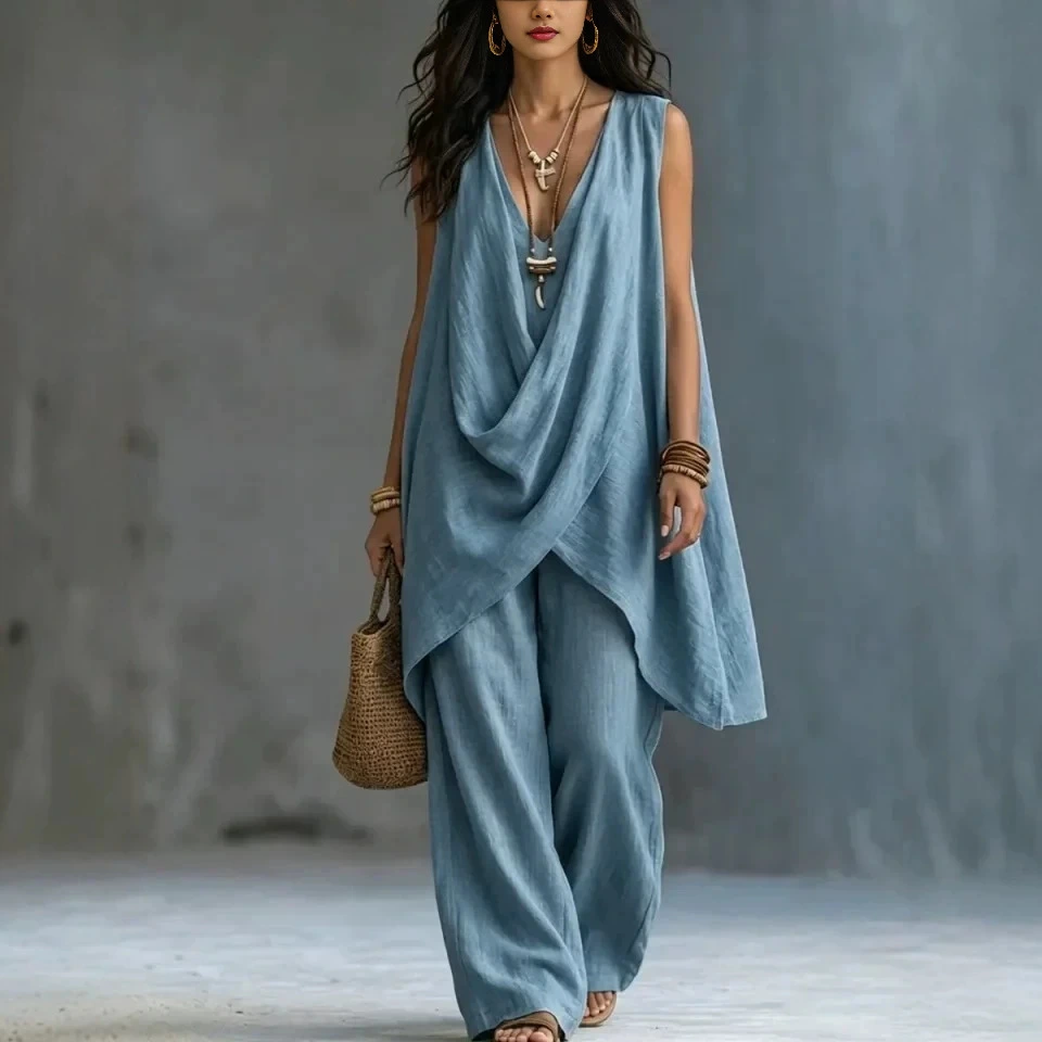 Women's Solid-Color Elegant Loose Cotton-Linen Resort-Style Set