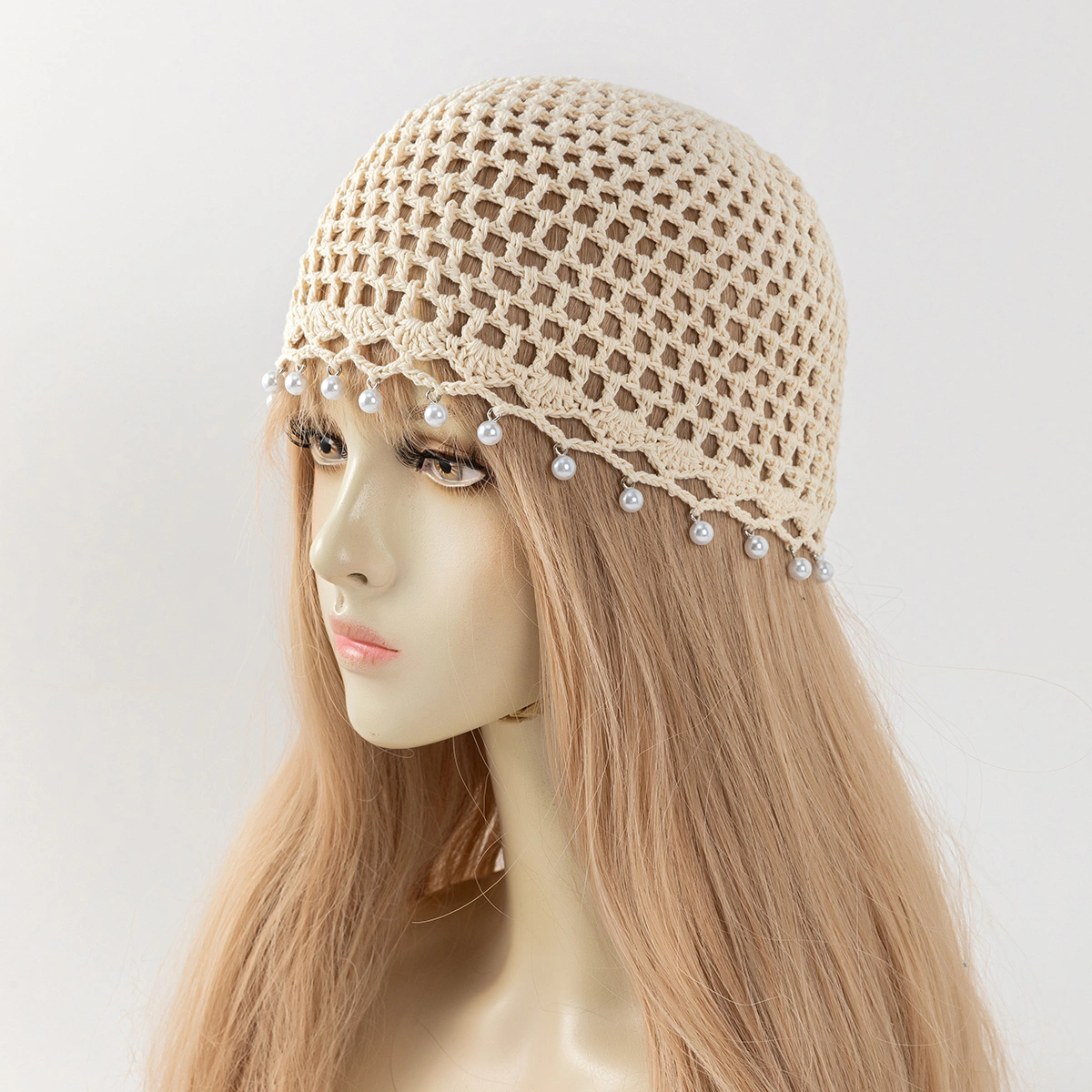 Cross-border Bestseller Spring Autumn Thin Hollow Out Hand-Knitted Beaded Woolen Hat, Beanie Skull Cap
