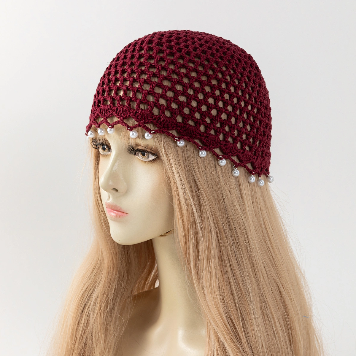 Cross-border Bestseller Spring Autumn Thin Hollow Out Hand-Knitted Beaded Woolen Hat, Beanie Skull Cap