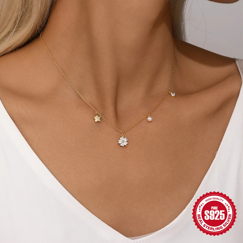 S925 Sterling Silver Classic Five-pointed Star Pearl Zircon Diversified Necklace