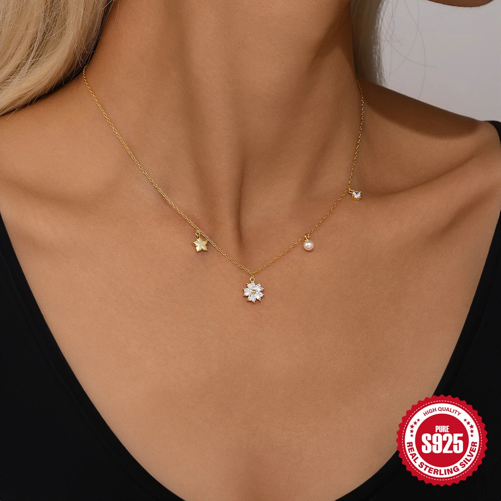 S925 Sterling Silver Classic Five-pointed Star Pearl Zircon Diversified Necklace
