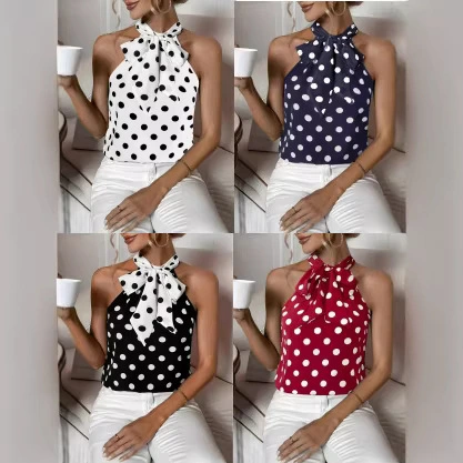 Polka-dot Printed Halterneck Design Statement Lace-up Casual Chic Top Independent Brand