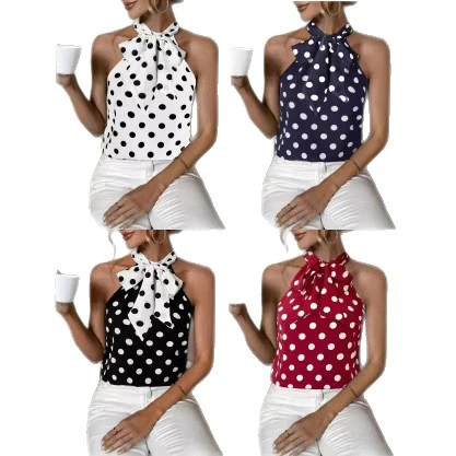 Polka-dot Printed Halterneck Design Statement Lace-up Casual Chic Top Independent Brand